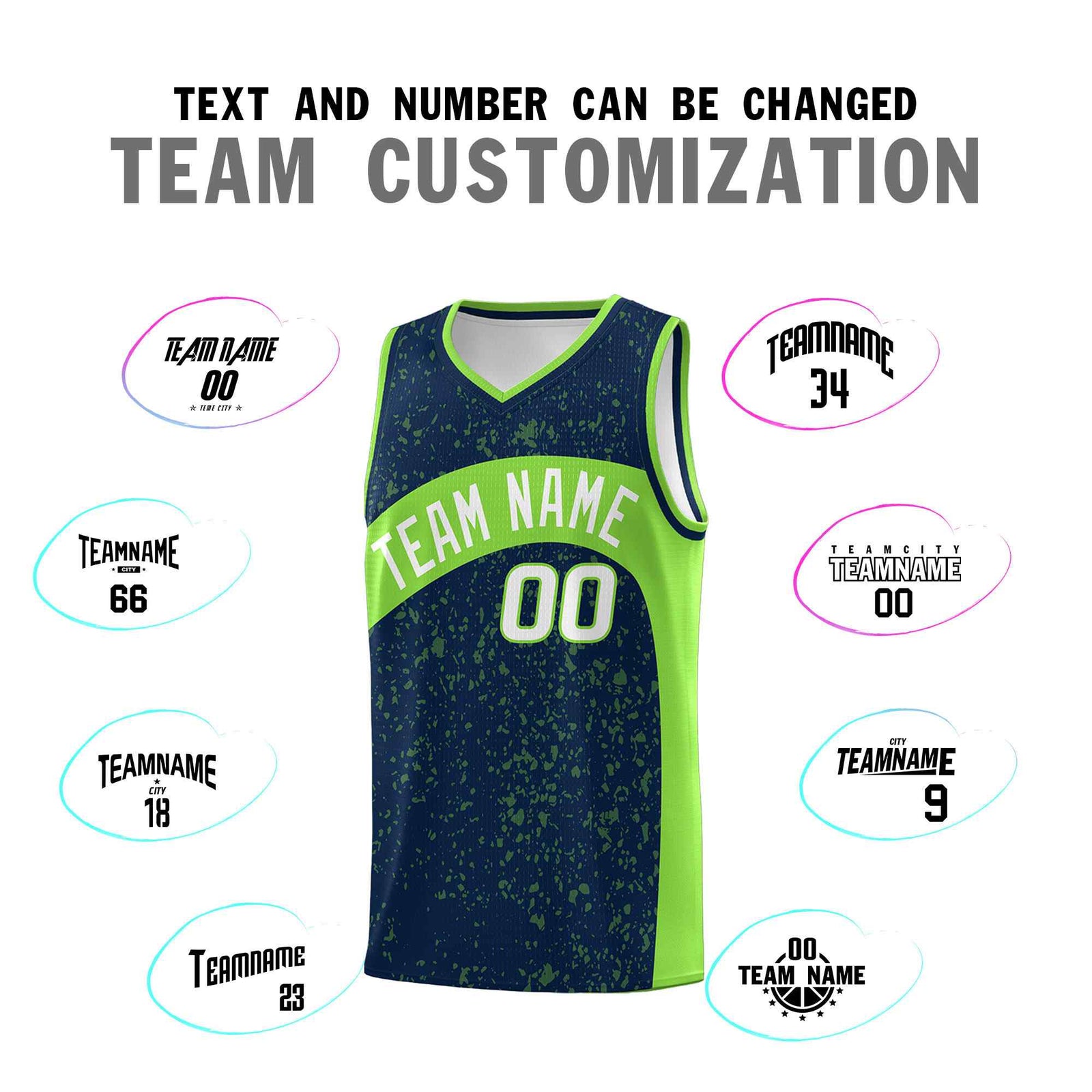 Custom Navy Fluorescent Green Dot Graffiti Pattern Irregular Team Names Sports Uniform Basketball Jersey