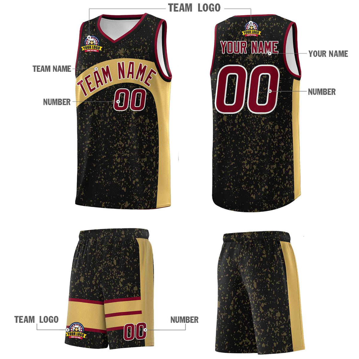 Custom Black Old Gold Dot Graffiti Pattern Irregular Team Names Sports Uniform Basketball Jersey