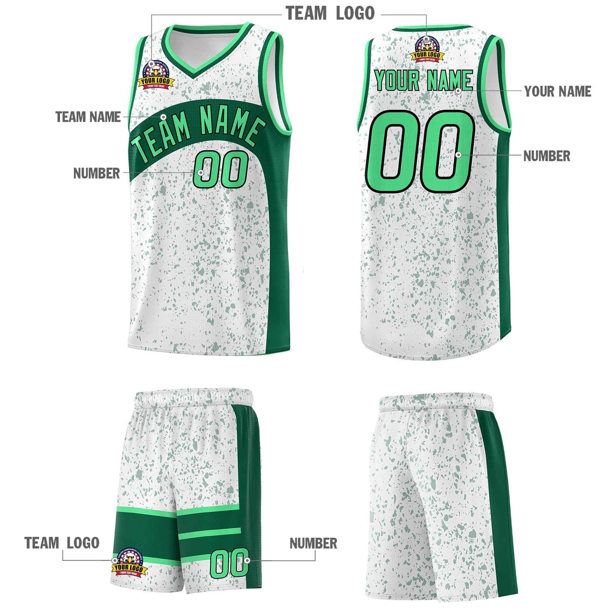 Custom White Kelly Green Dot Graffiti Pattern Irregular Team Names Sports Uniform Basketball Jersey