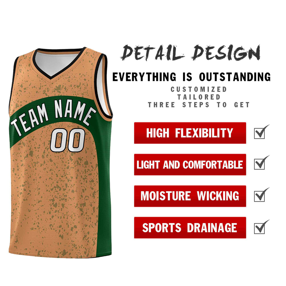 Custom Buckskin Brown Green Dot Graffiti Pattern Irregular Team Names Sports Uniform Basketball Jersey