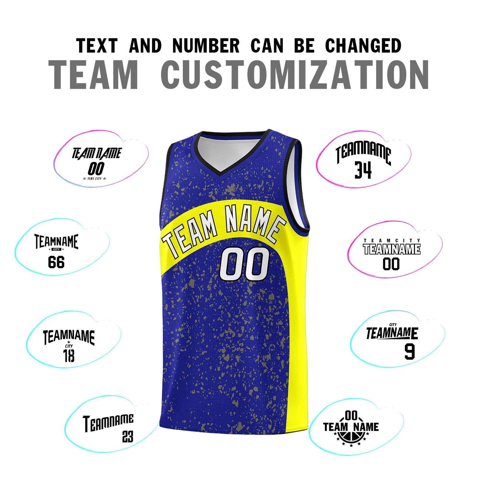 Custom Royal Fluorescent Yellow Dot Graffiti Pattern Irregular Team Names Sports Uniform Basketball Jersey