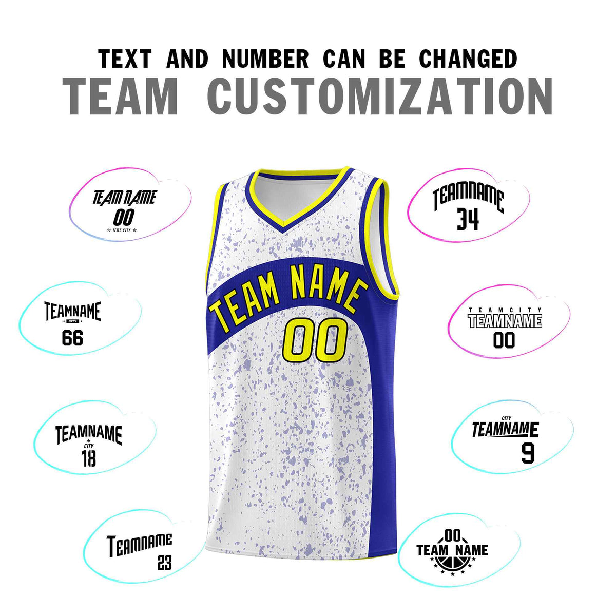 Custom White Royal Dot Graffiti Pattern Irregular Team Names Sports Uniform Basketball Jersey