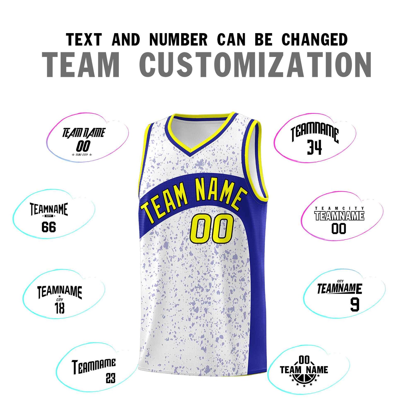 Custom White Royal Dot Graffiti Pattern Irregular Team Names Sports Uniform Basketball Jersey