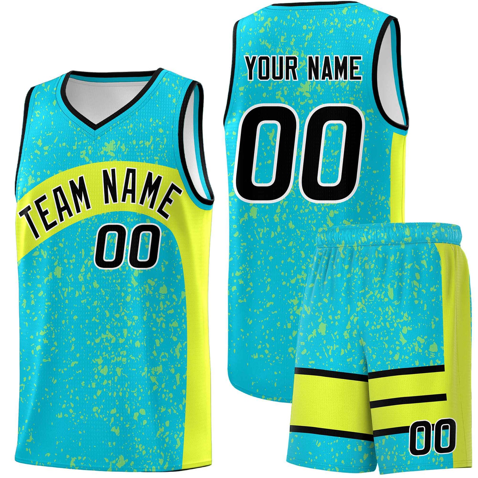 Custom Sky Blue Fluorescent Green Dot Graffiti Pattern Irregular Team Names Sports Uniform Basketball Jersey| KXKSHOP