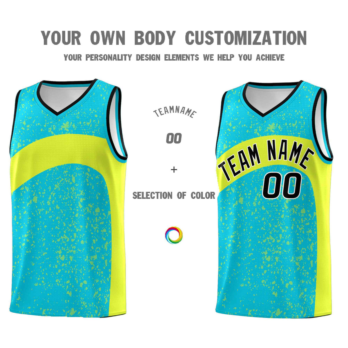 Custom Sky Blue Fluorescent Green Dot Graffiti Pattern Irregular Team Names Sports Uniform Basketball Jersey
