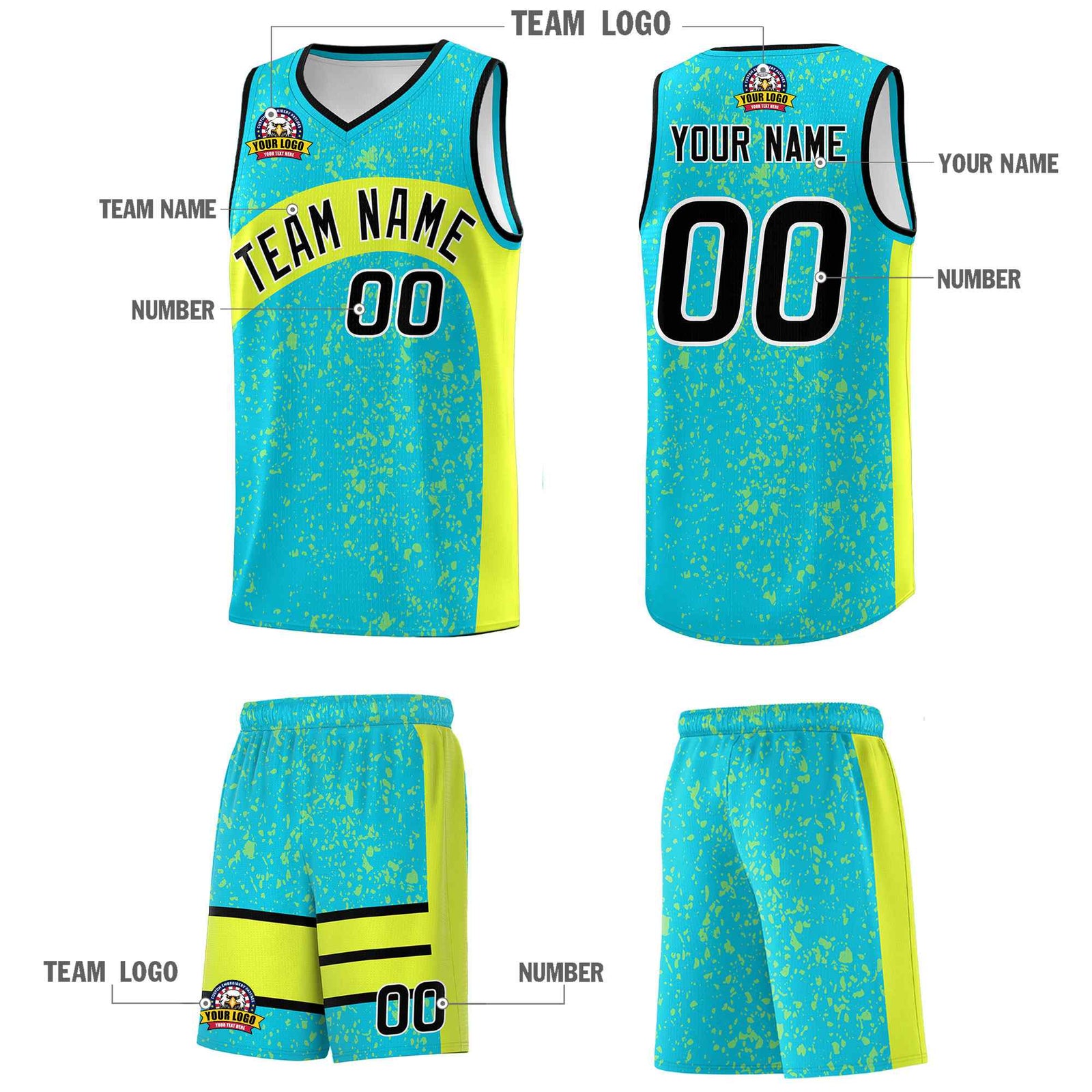 Custom Sky Blue Fluorescent Green Dot Graffiti Pattern Irregular Team Names Sports Uniform Basketball Jersey