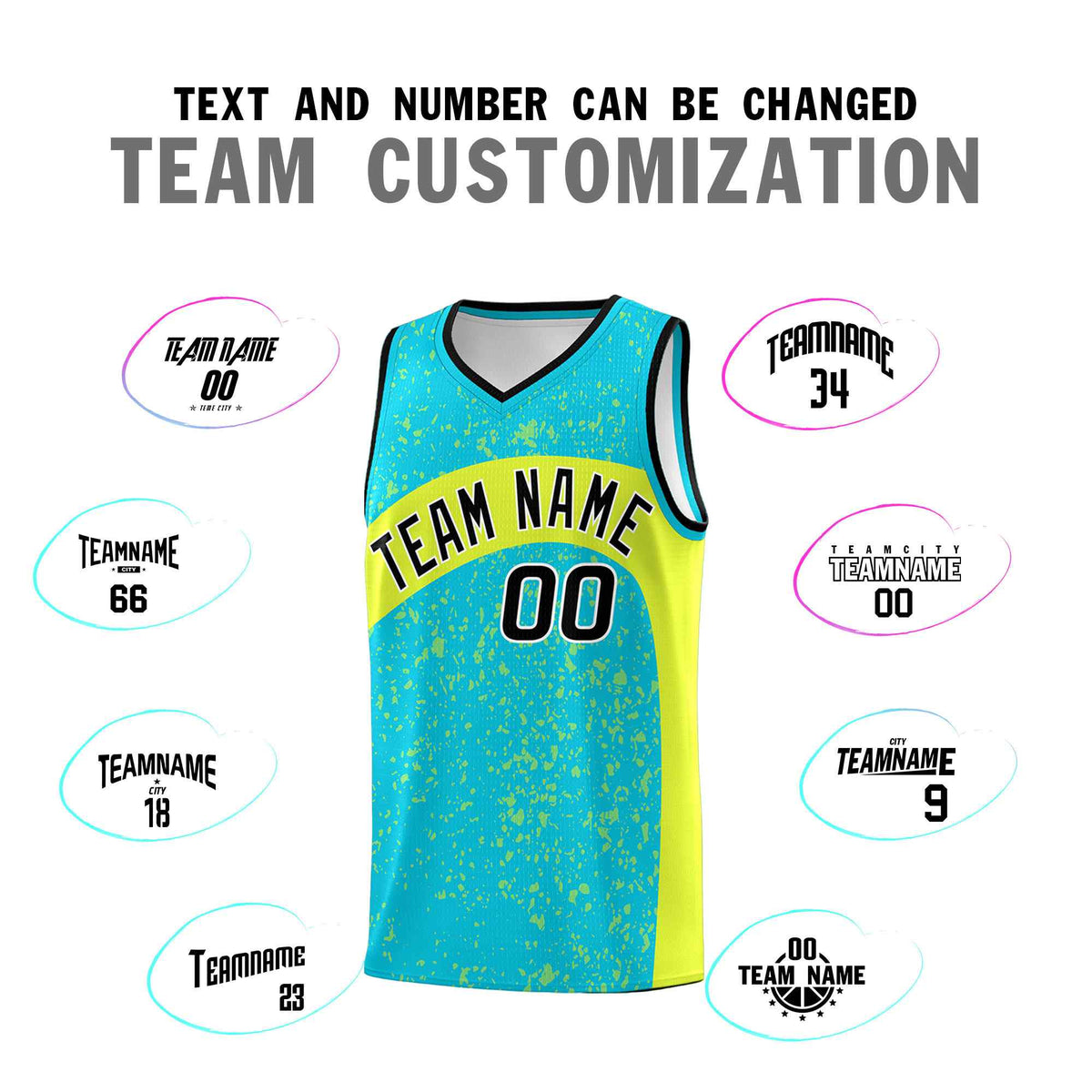 Custom Sky Blue Fluorescent Green Dot Graffiti Pattern Irregular Team Names Sports Uniform Basketball Jersey