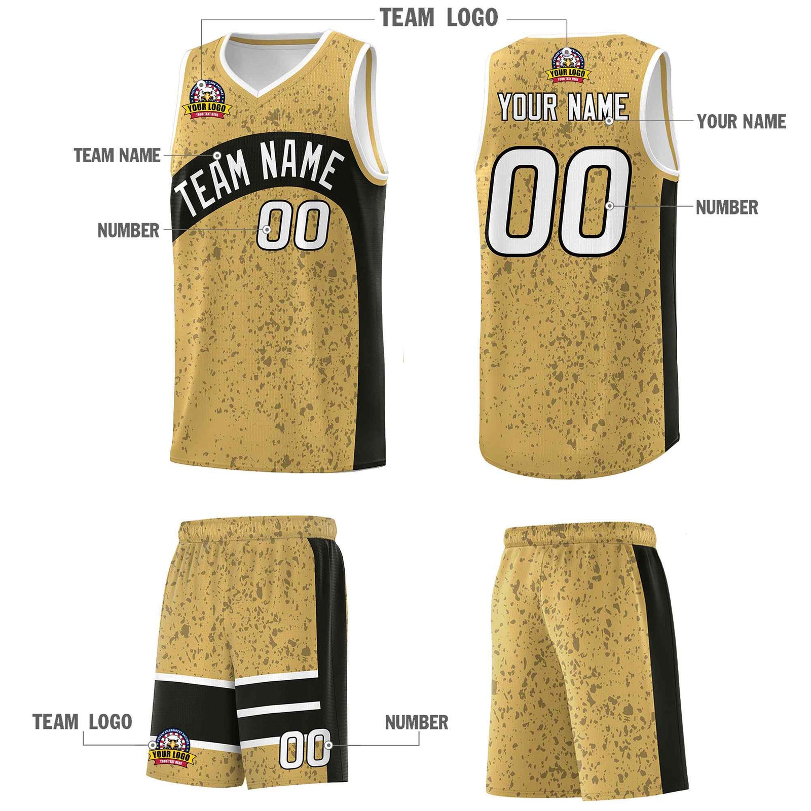 Custom Old Gold Black Dot Graffiti Pattern Irregular Team Names Sports Uniform Basketball Jersey