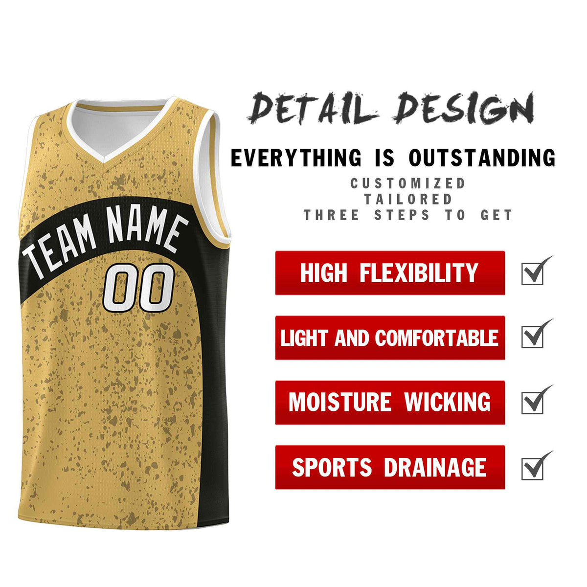 Custom Old Gold Black Dot Graffiti Pattern Irregular Team Names Sports Uniform Basketball Jersey
