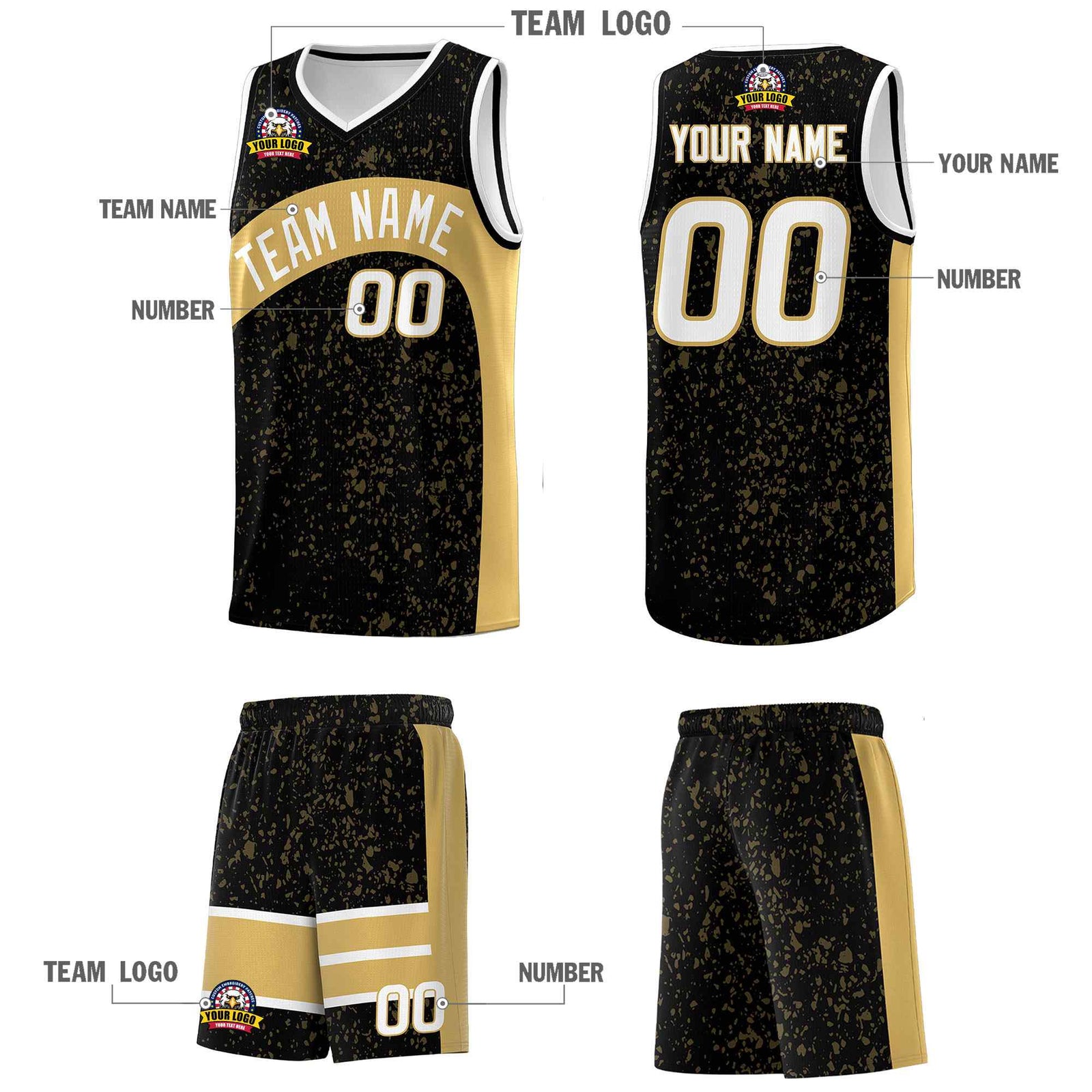 Custom Black Old Gold Dot Graffiti Pattern Irregular Team Names Sports Uniform Basketball Jersey