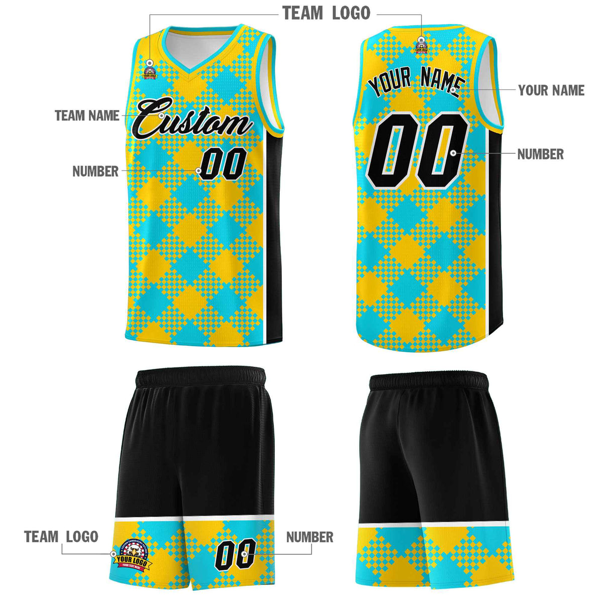 Personalized Sky Blue Gold-Black Grid Basketball Kits
