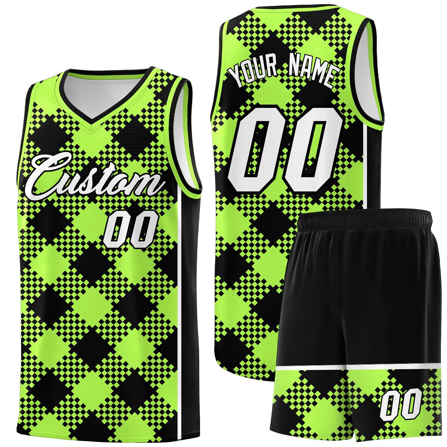 Personalized Fluorescent Green Black-White Grid Basketball Kits