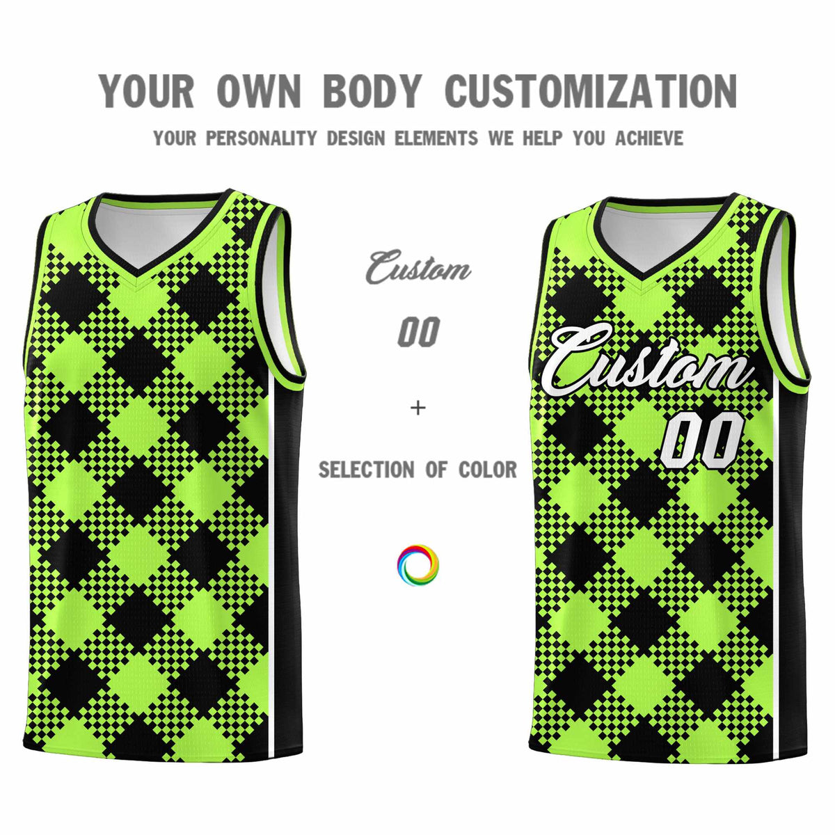 Personalized Fluorescent Green Black-White Grid Basketball Kits