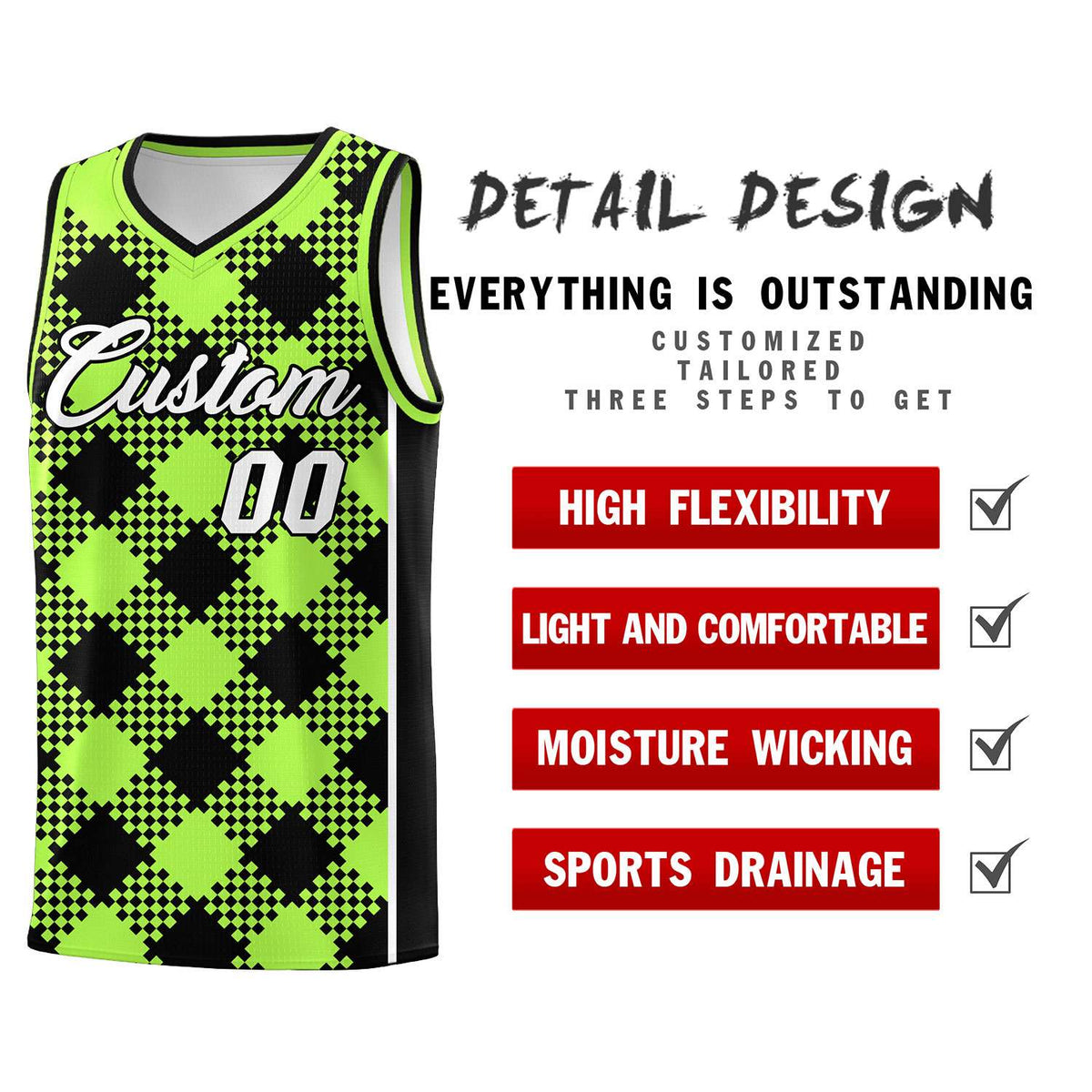 Personalized Fluorescent Green Black-White Grid Basketball Kits