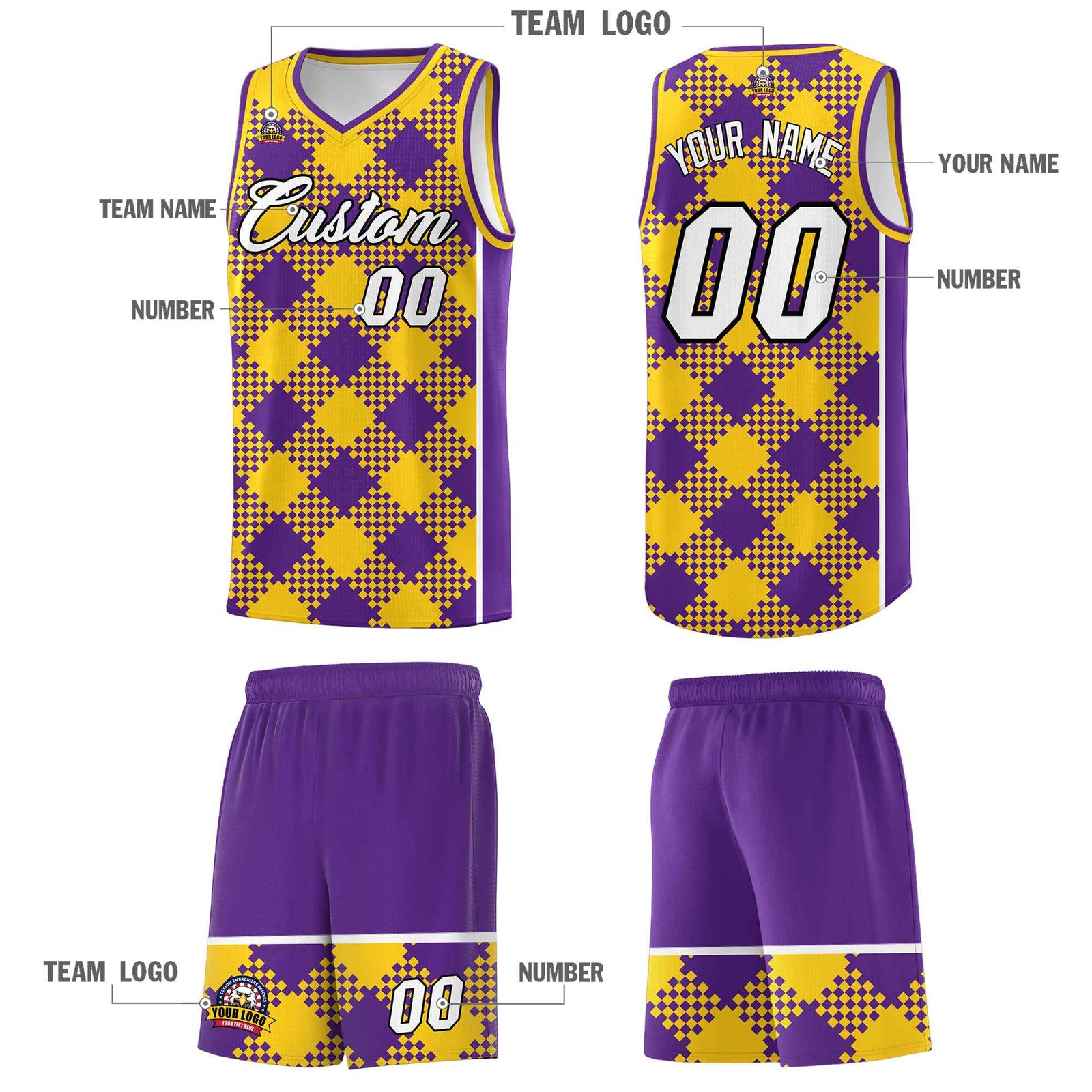Personalized Purple Gold-White Grid Basketball Kits