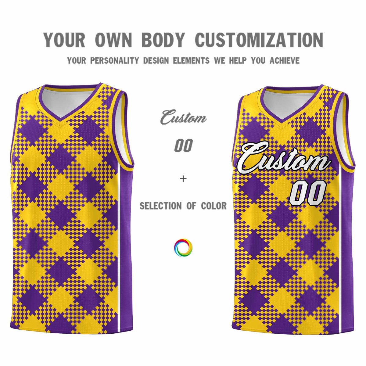 Personalized Purple Gold-White Grid Basketball Kits