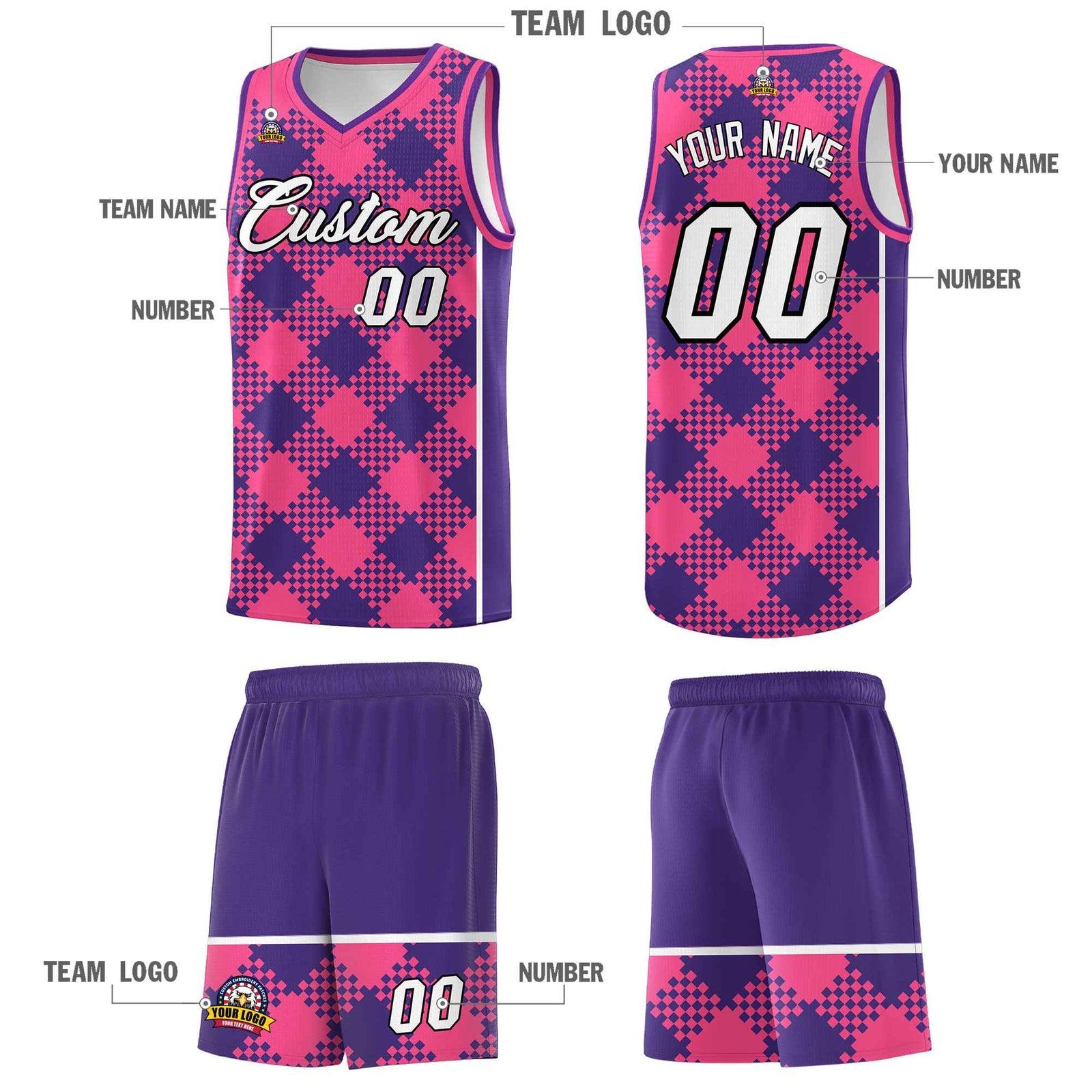 Personalized Purple Pink-White Grid Basketball Kits