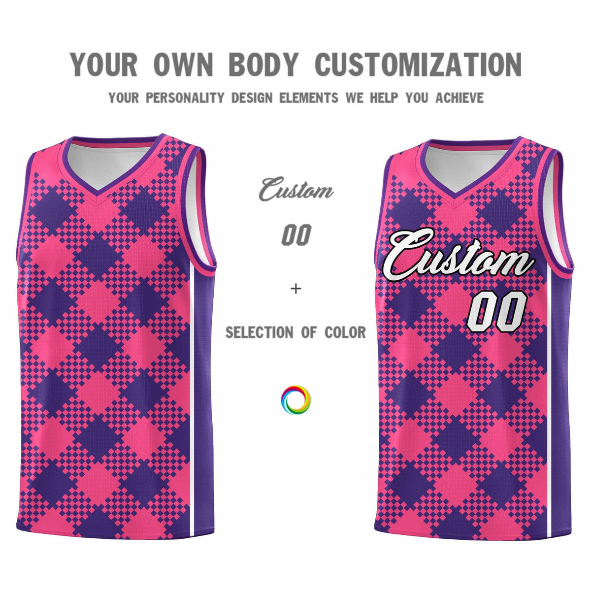 Personalized Purple Pink-White Grid Basketball Kits
