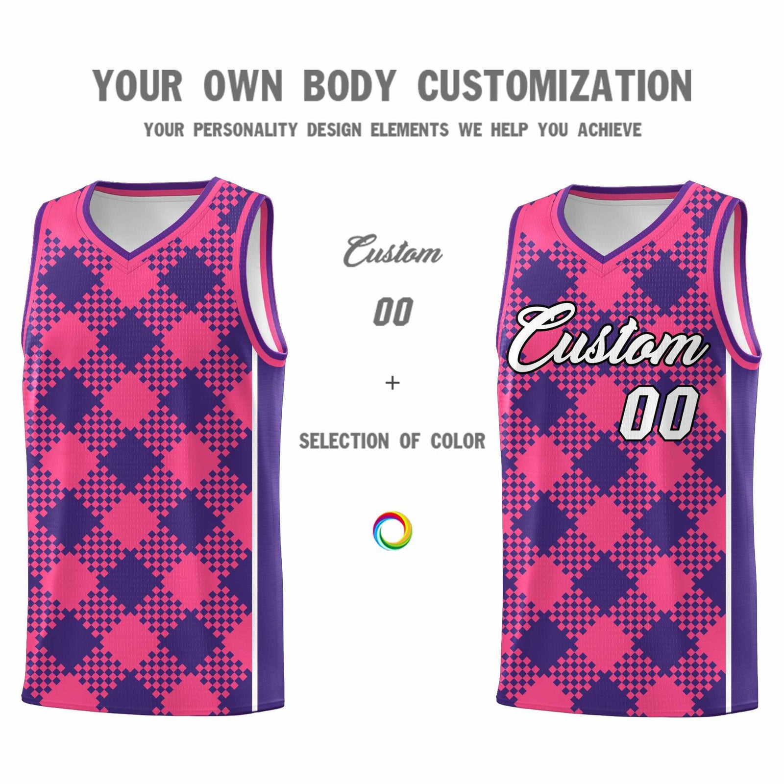 Personalized Purple Pink-White Grid Basketball Kits