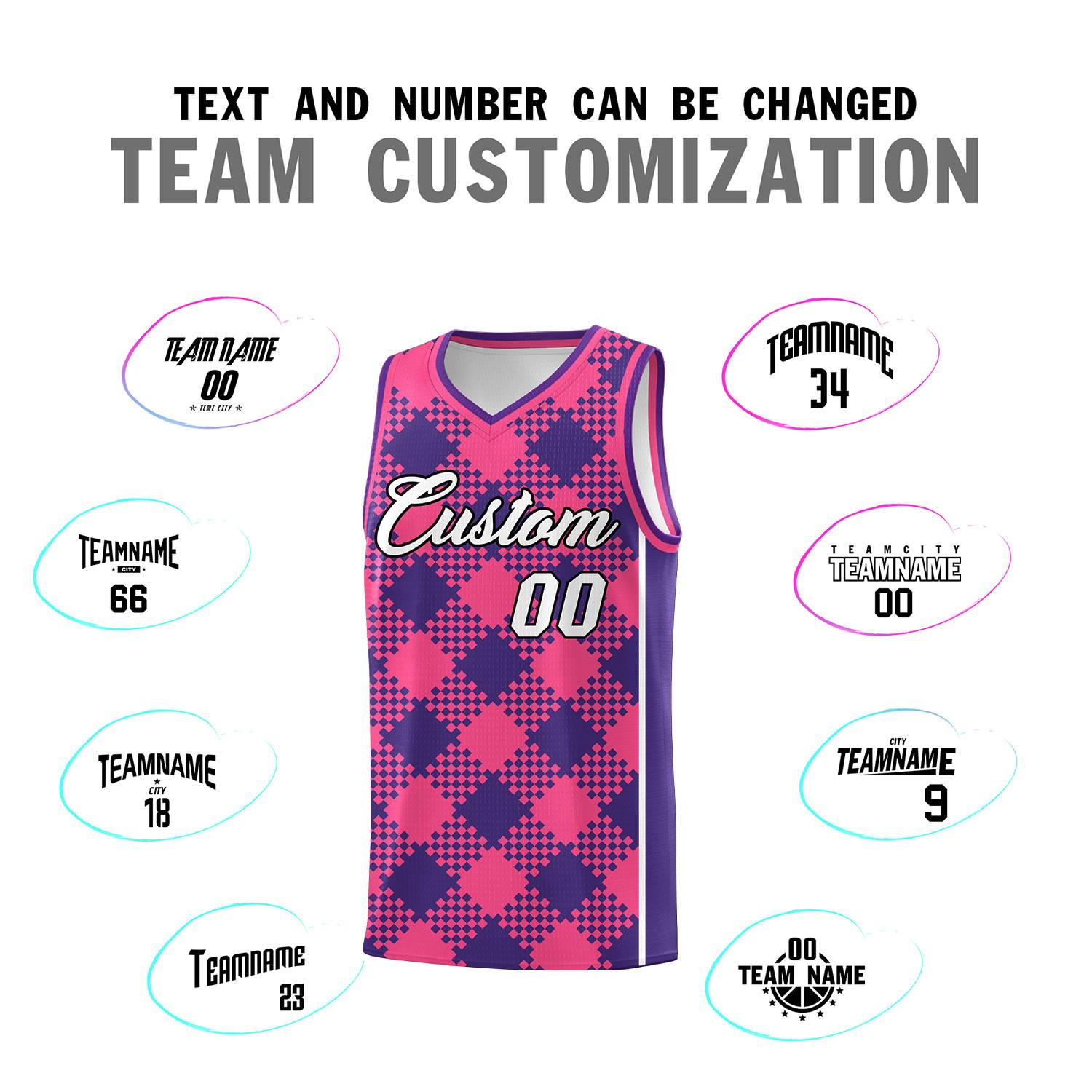 Personalized Purple Pink-White Grid Basketball Kits