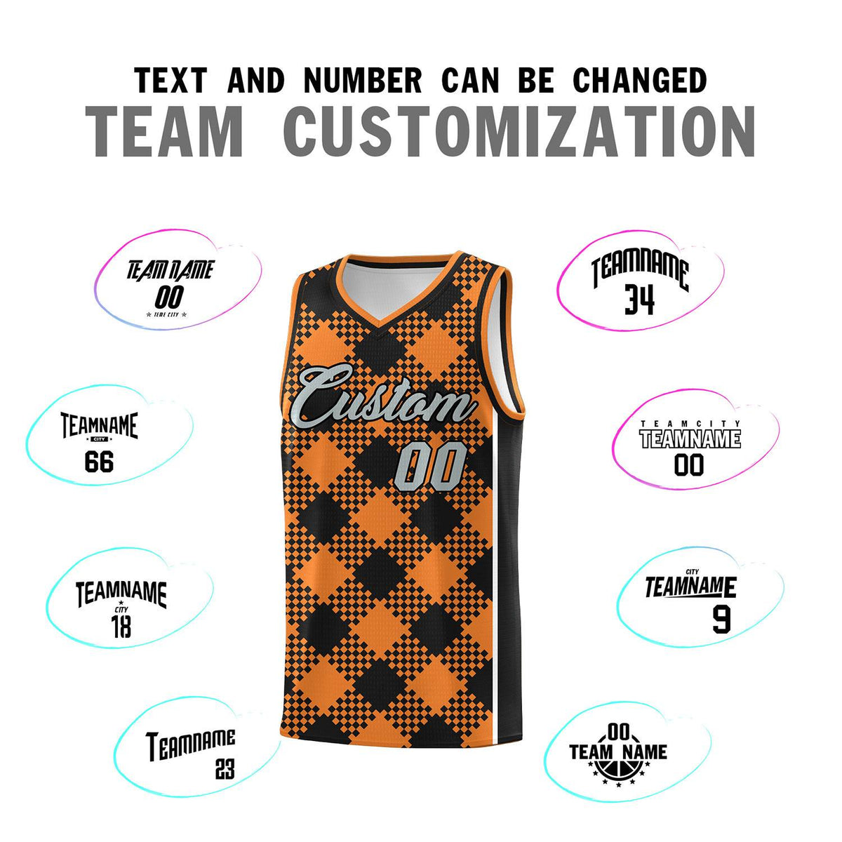 Personalized Gold Orange Black-White Grid Basketball Kits