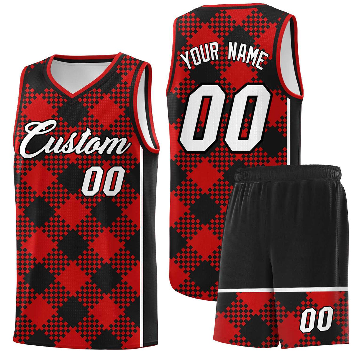 Personalized Red Black-White Grid Basketball Kits