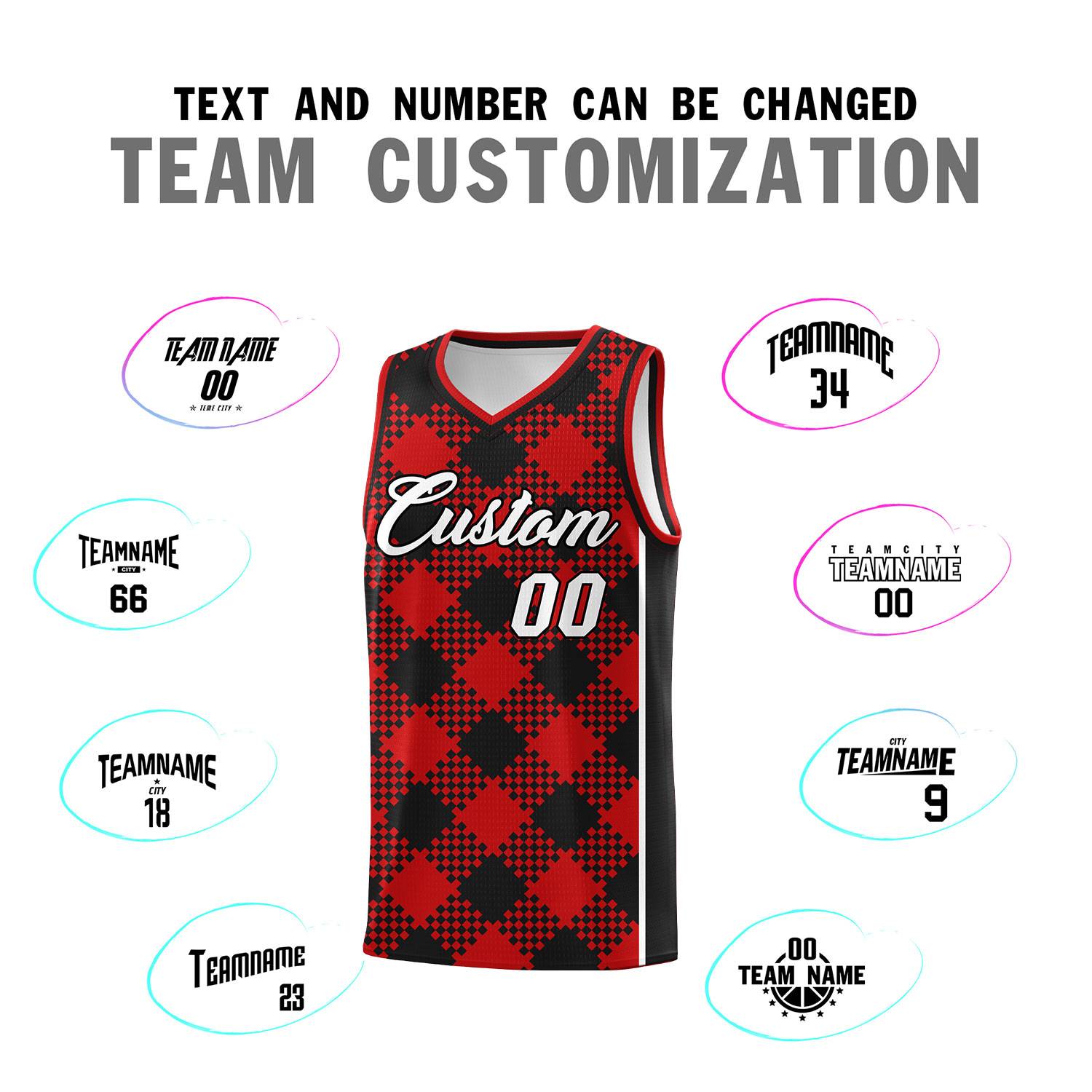 Personalized Red Black-White Grid Basketball Kits