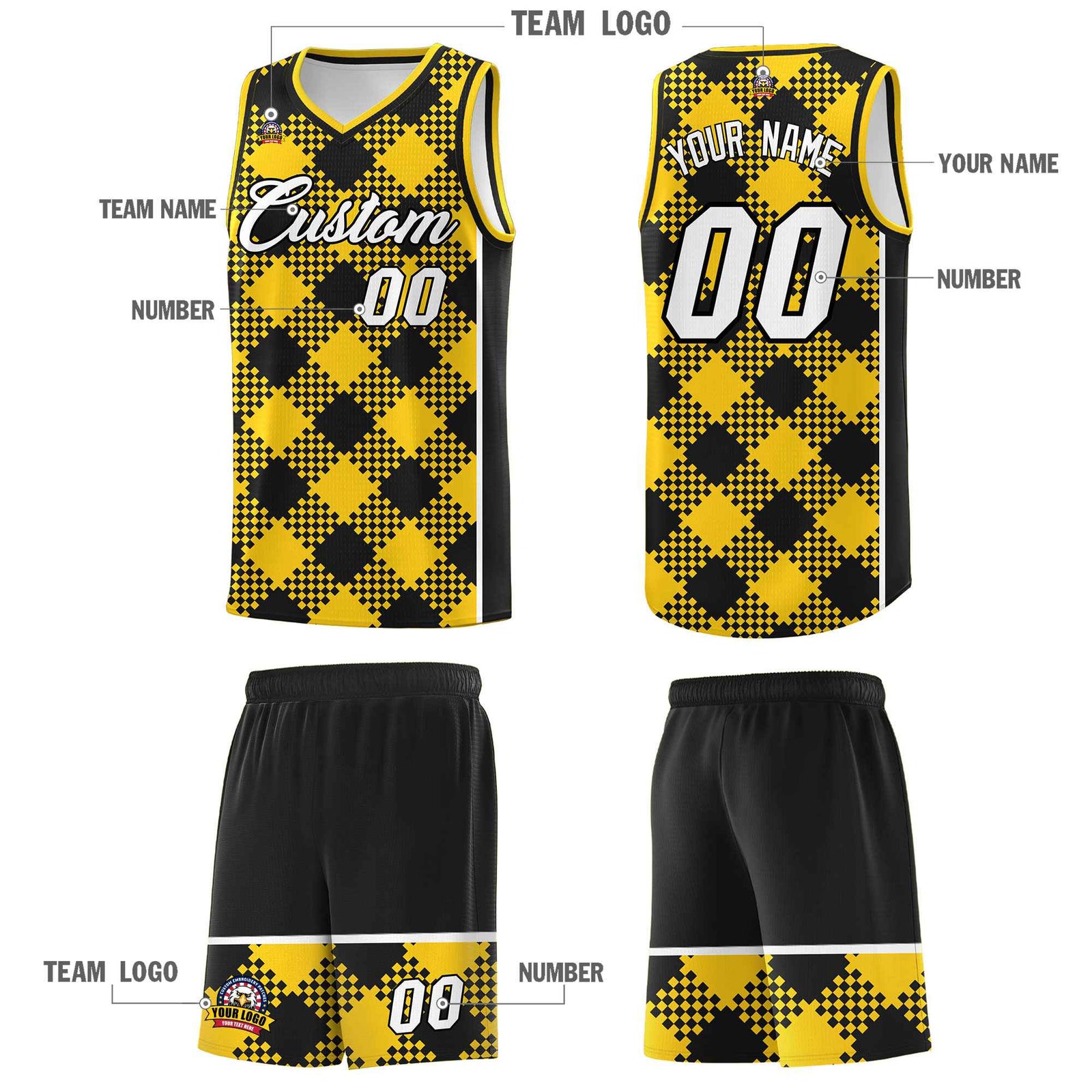 Personalized Gold Black-White Grid Basketball Kits