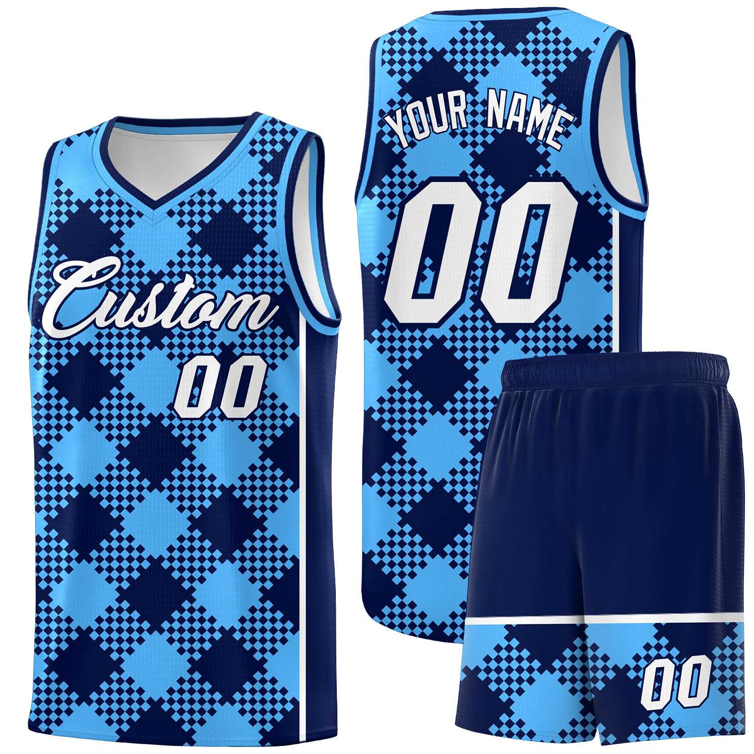Personalized Powder Blue Navy-White Grid Basketball Kits