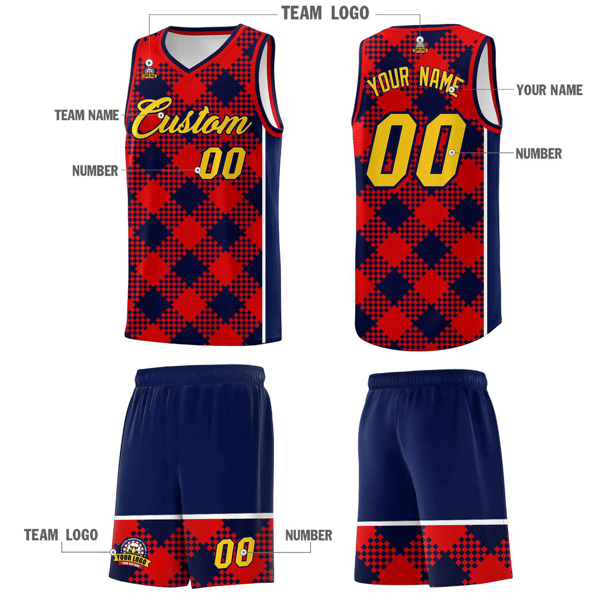 Personalized Navy Red-White Grid Basketball Kits