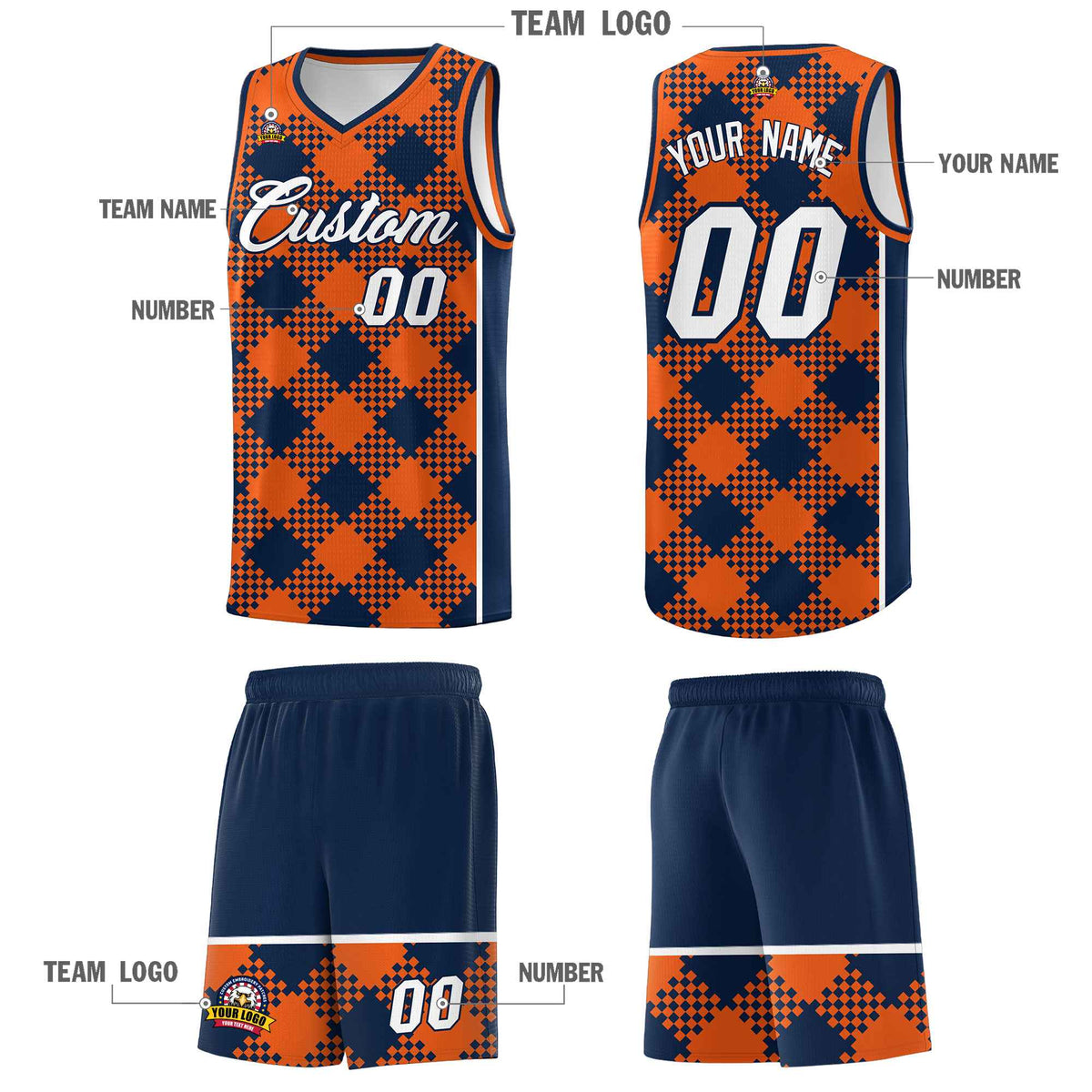 Personalized Navy Orange-White Grid Basketball Kits