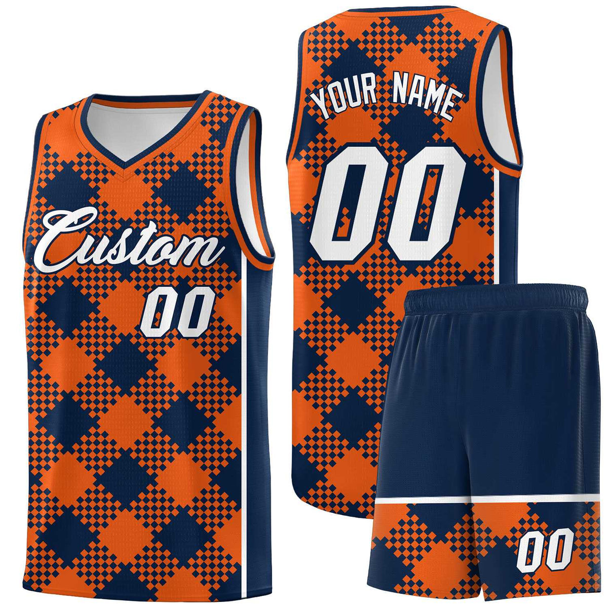 Personalized Navy Orange-White Grid Basketball Kits