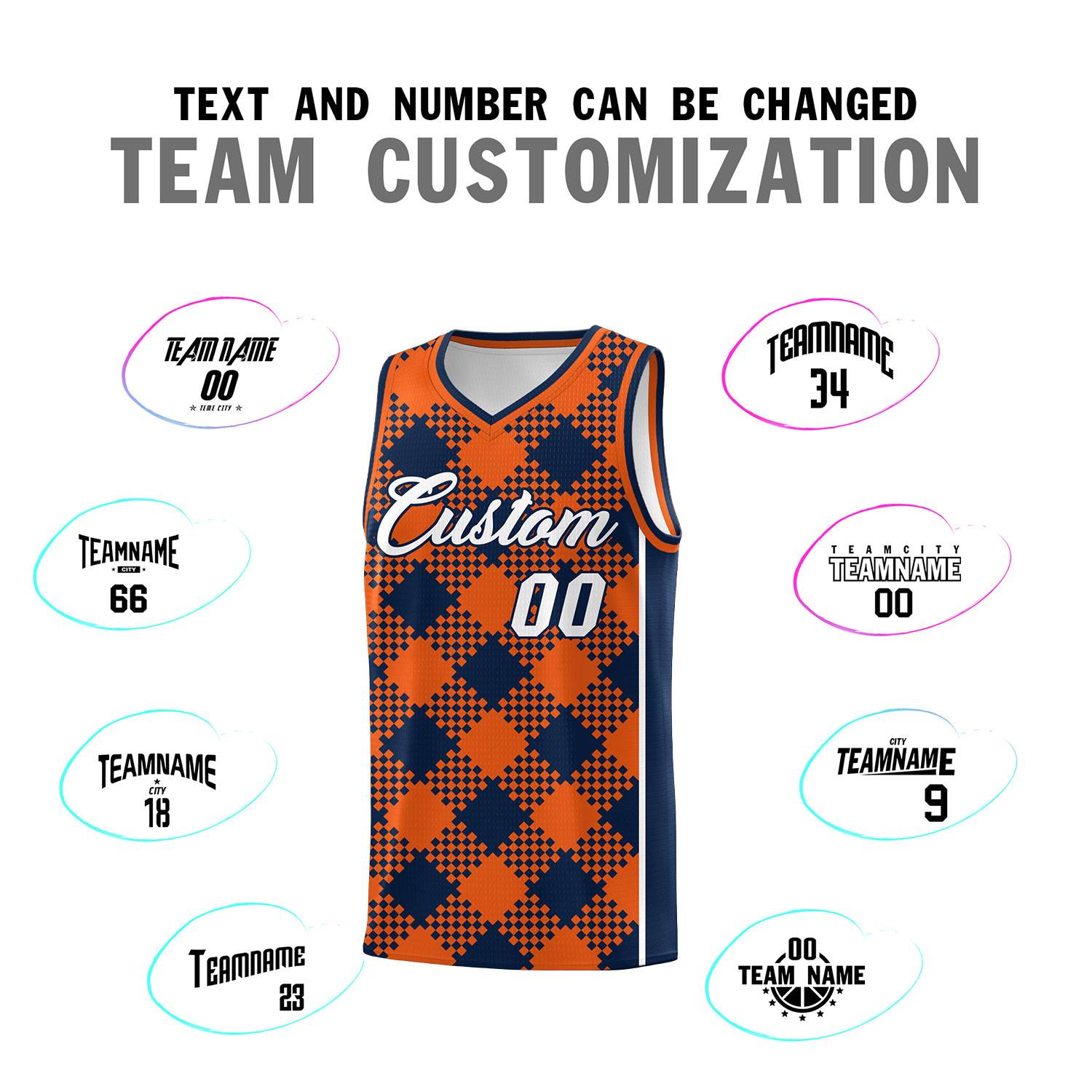 Personalized Navy Orange-White Grid Basketball Kits