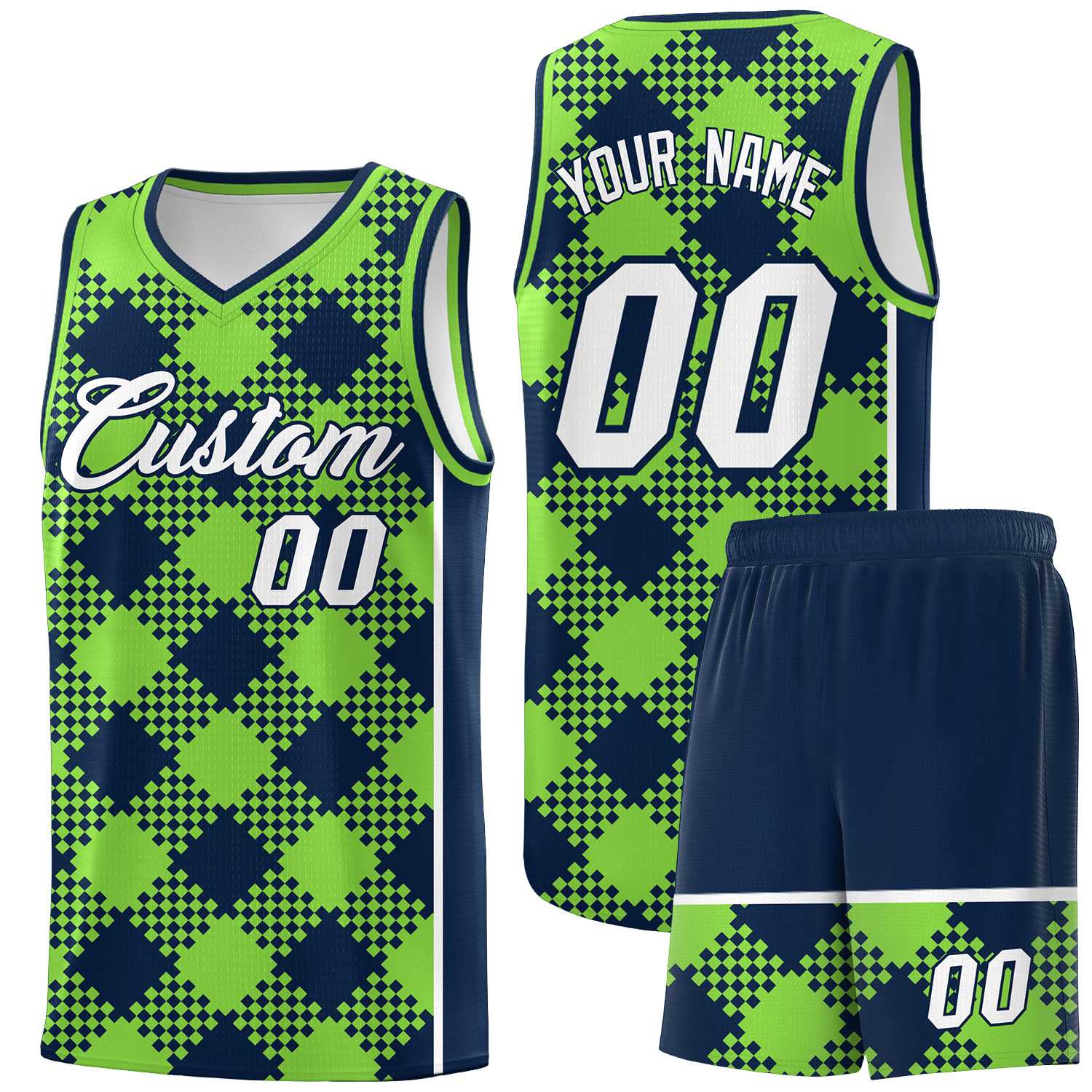 Personalized Fluorescent Green Navy-White Grid Basketball Kits