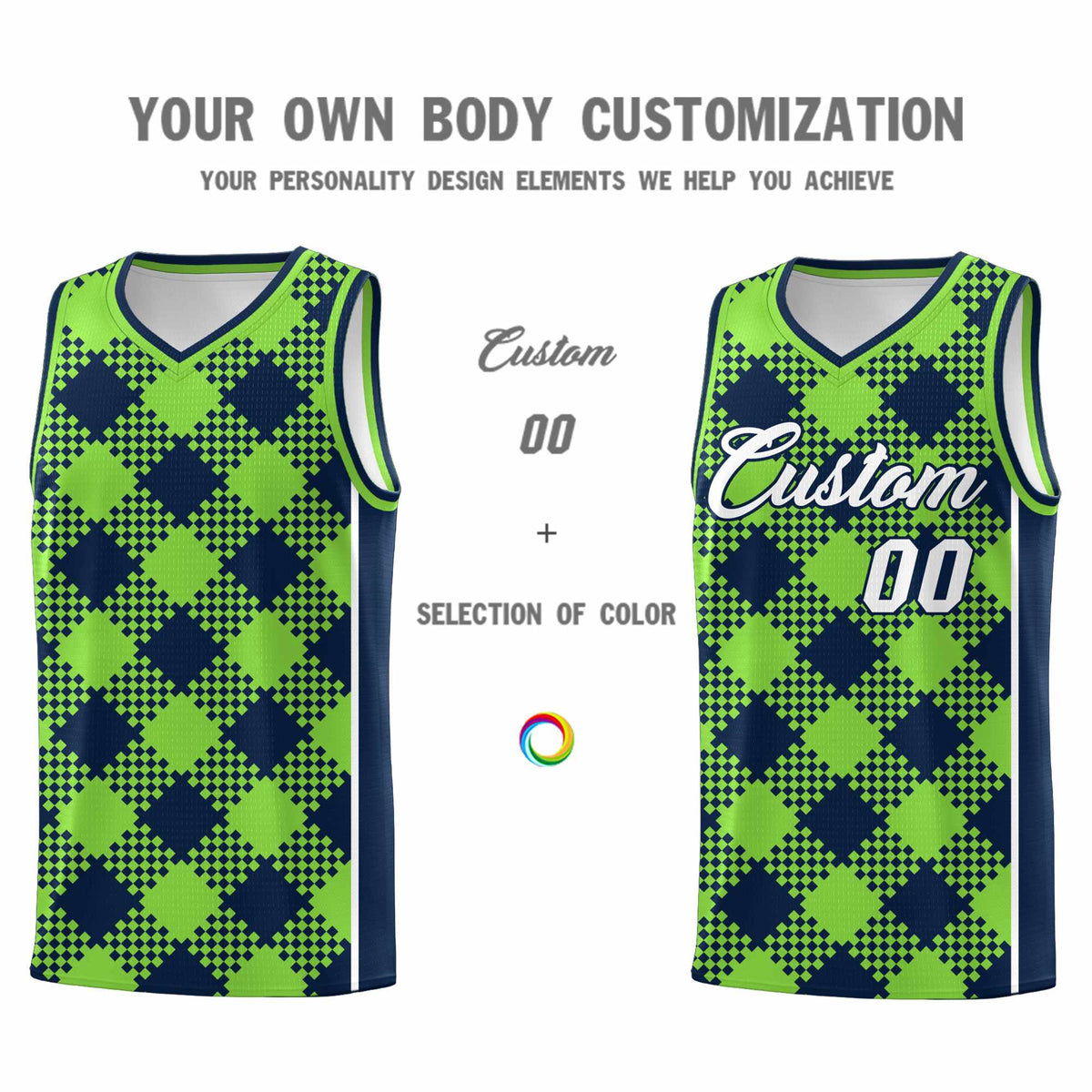 Personalized Fluorescent Green Navy-White Grid Basketball Kits