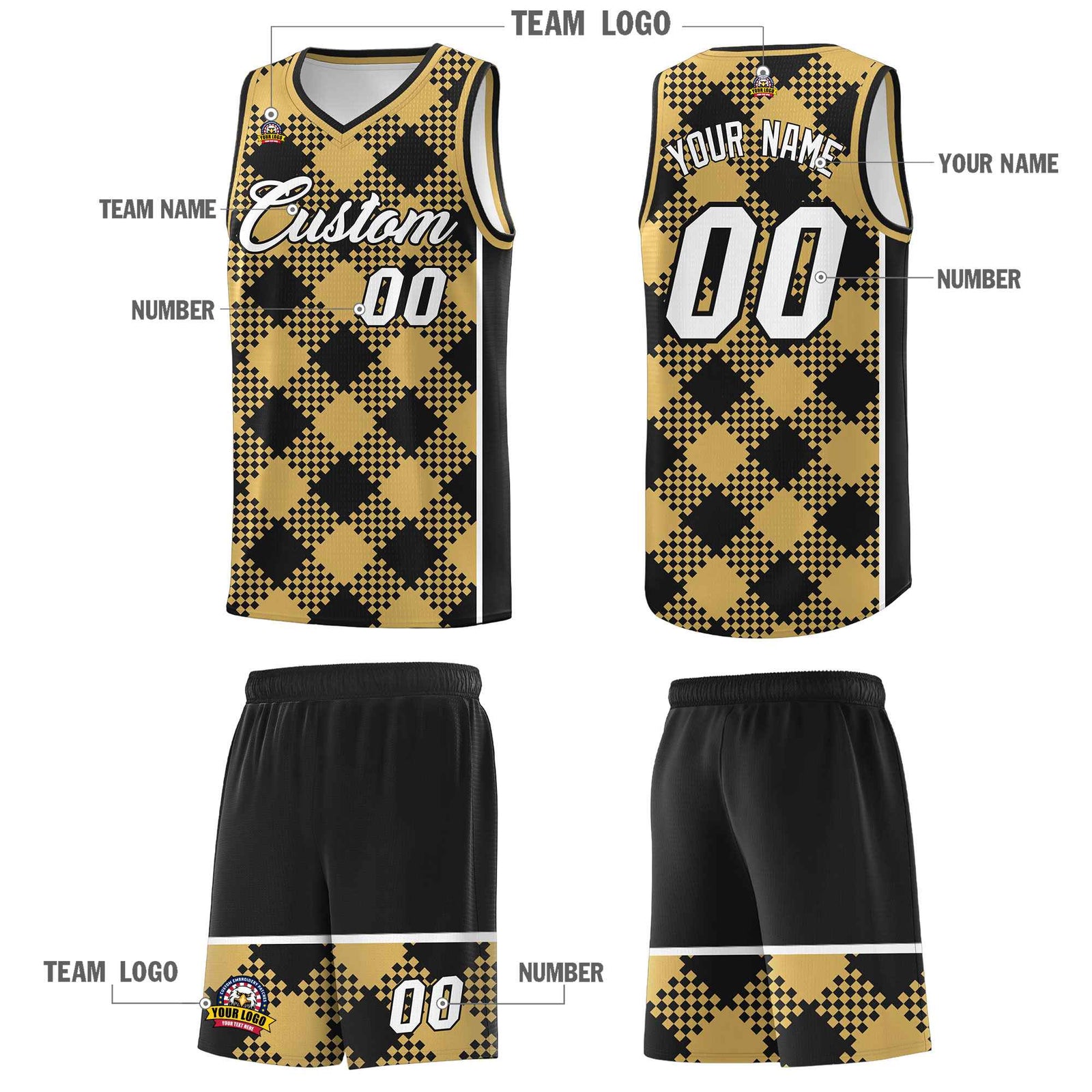 Personalized Old Gold Black-White Grid Basketball Kits