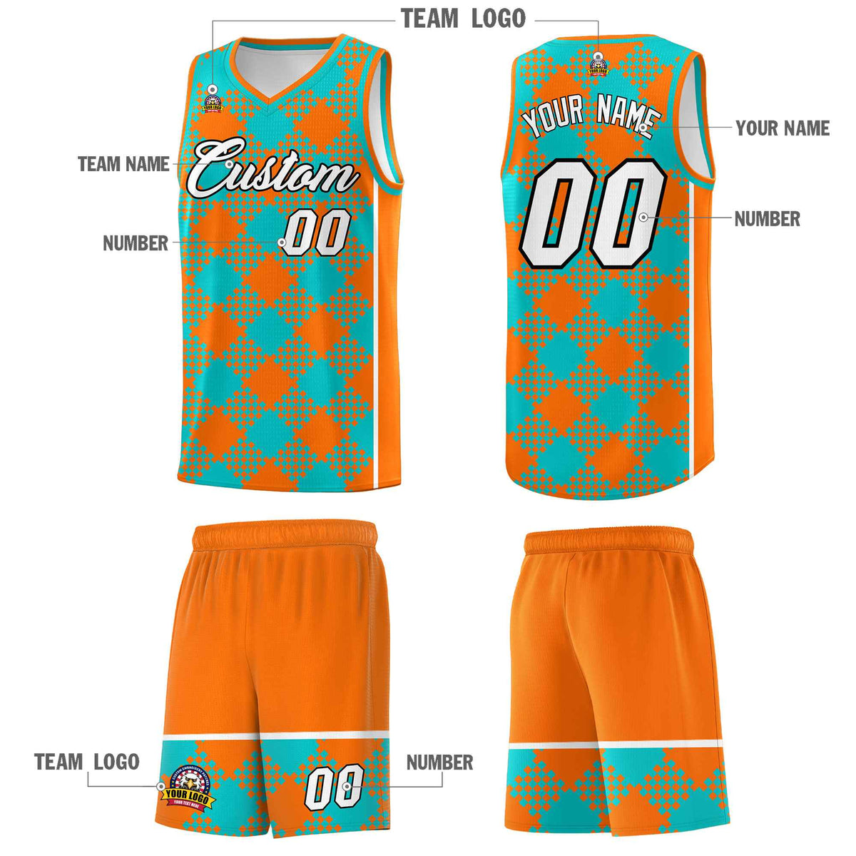 Personalized Aqua Orange-White Grid Basketball Kits