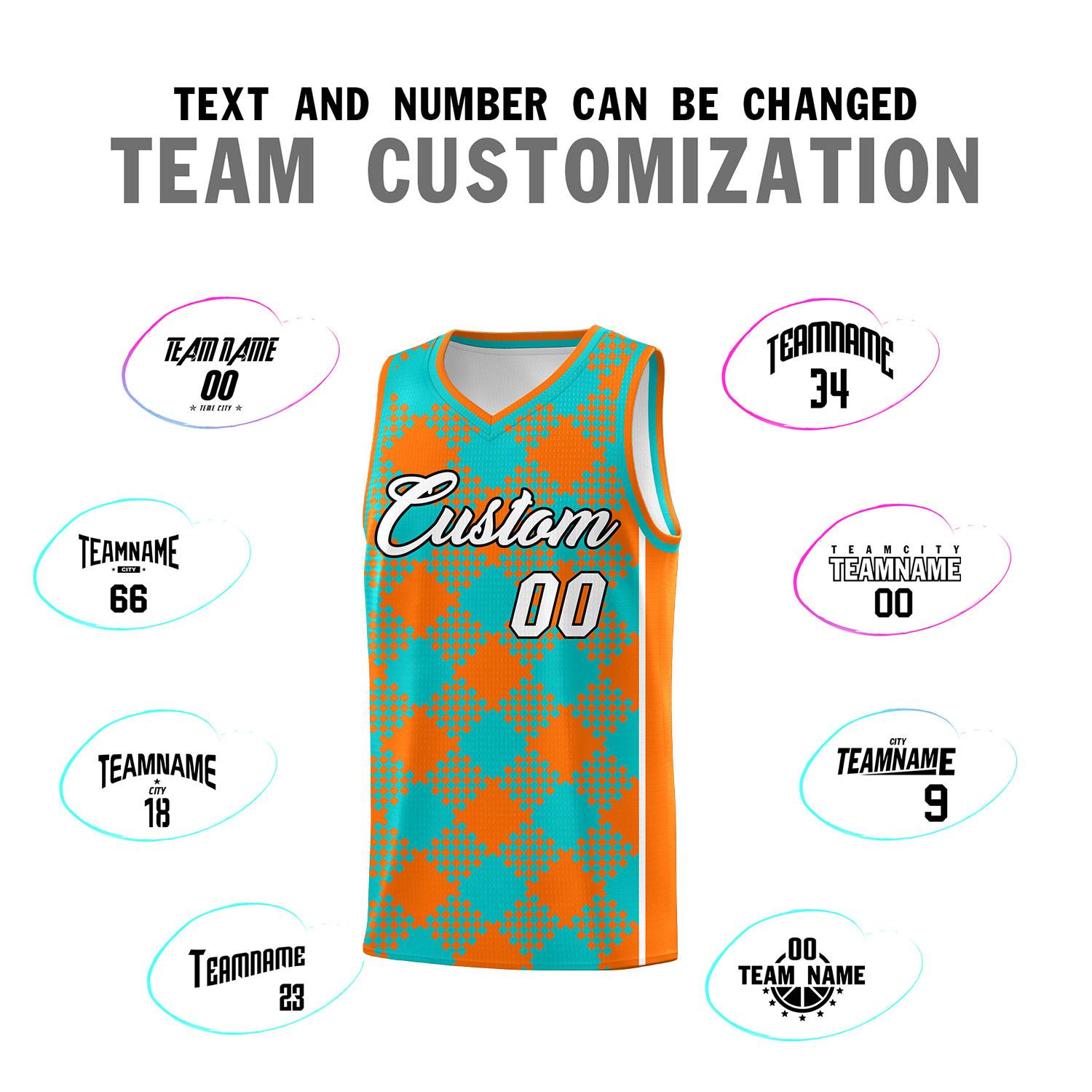 Personalized Aqua Orange-White Grid Basketball Kits
