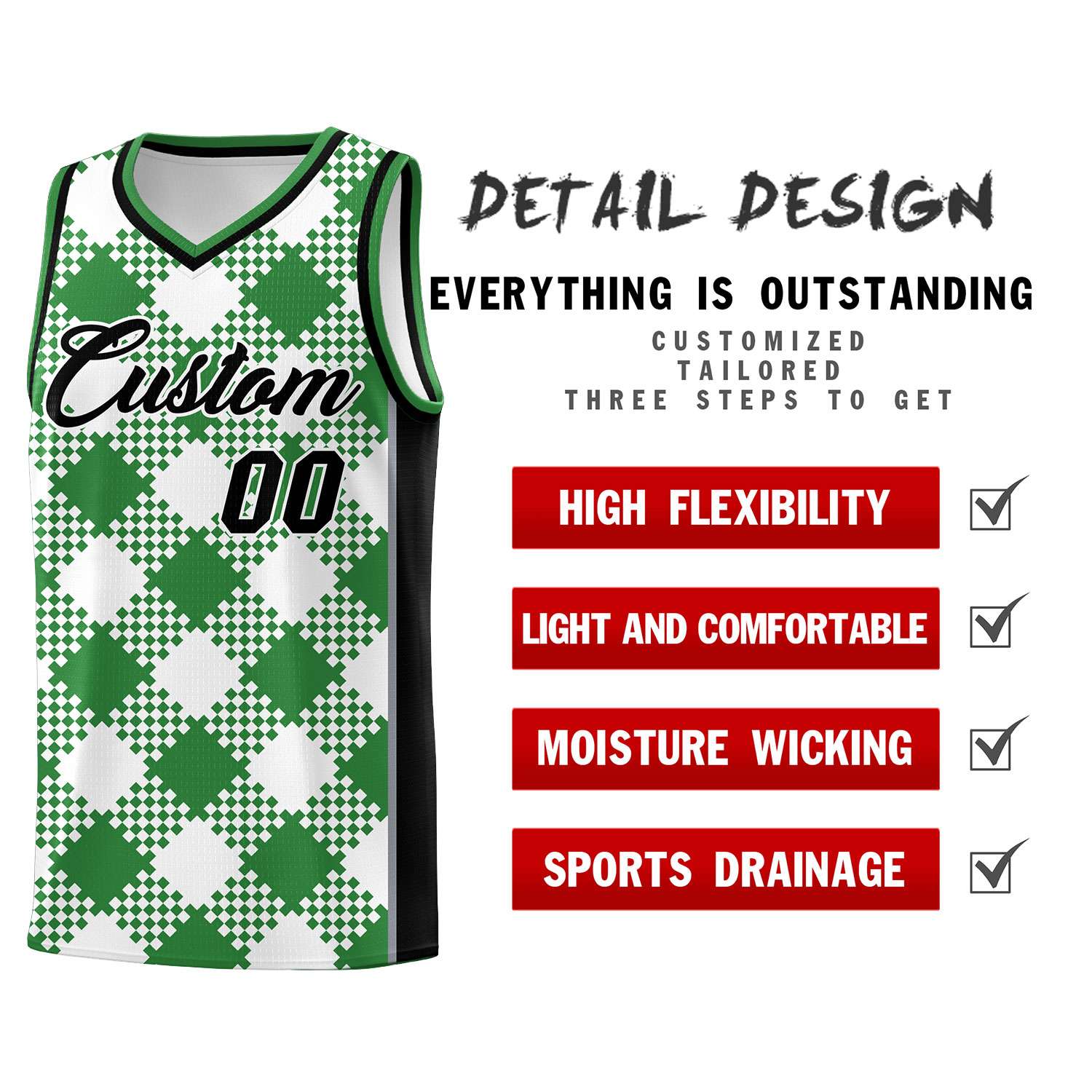 Personalized White Kelly Green-Gray Grid Basketball Kits