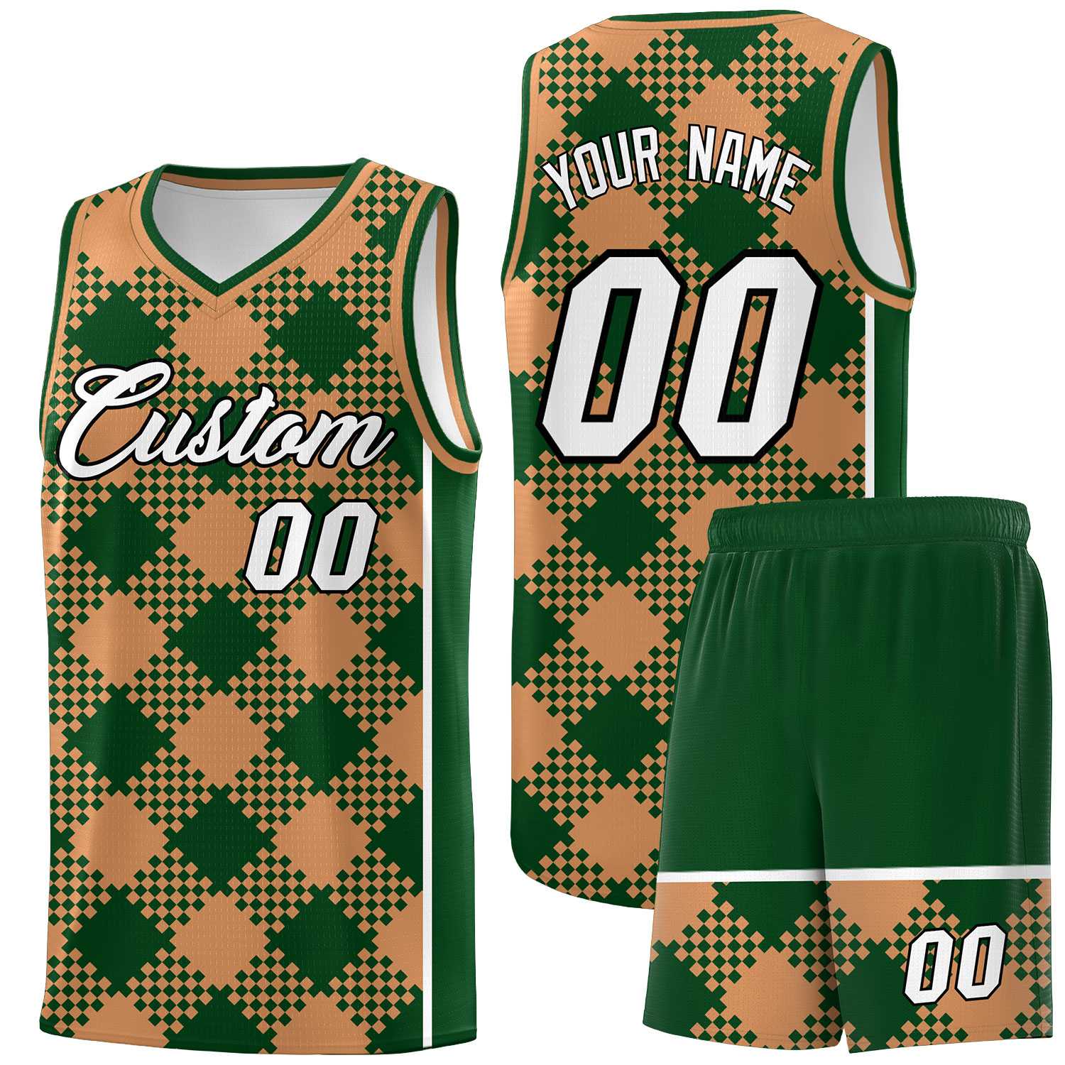 Personalized Green Buckskin Brown-White Grid Basketball Kits