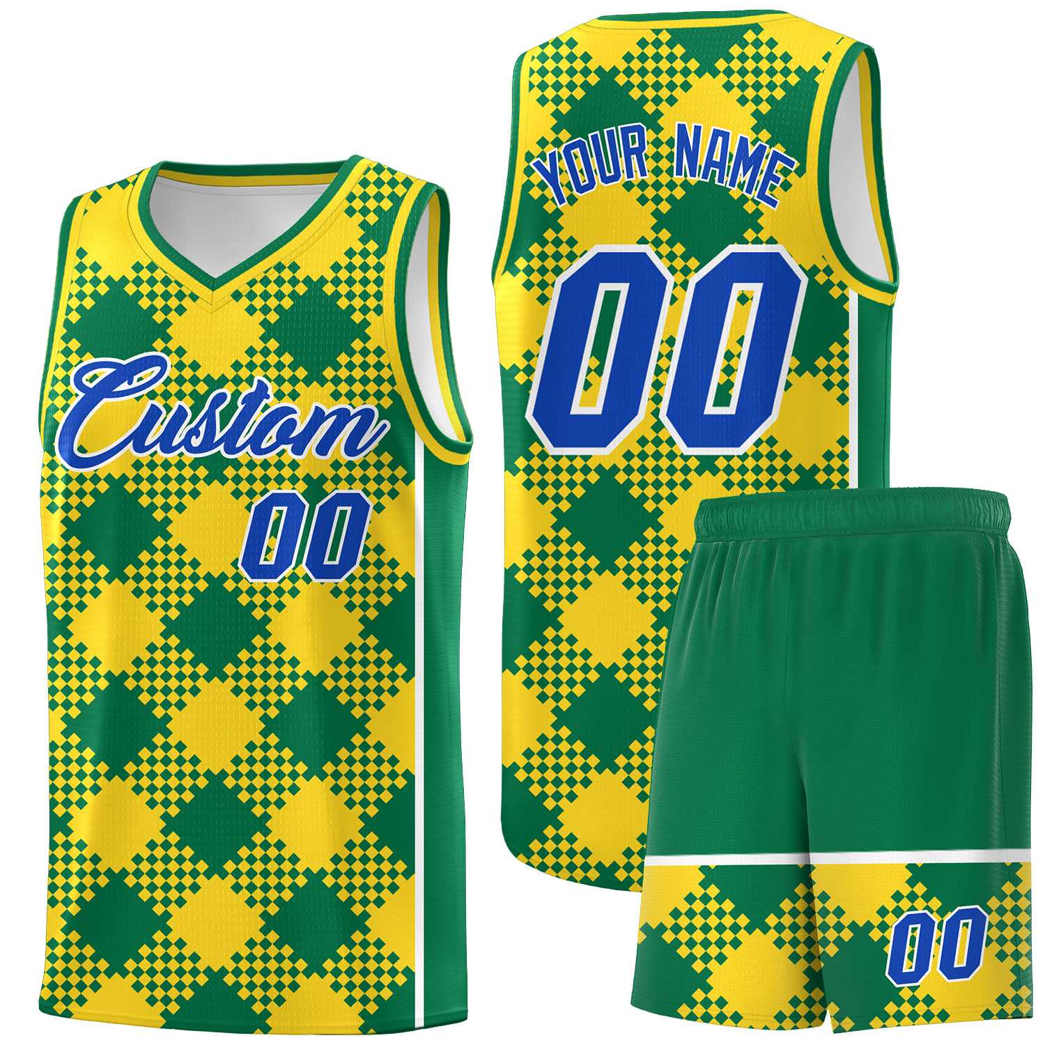 Personalized Gold Kelly Green-White Grid Basketball Kits