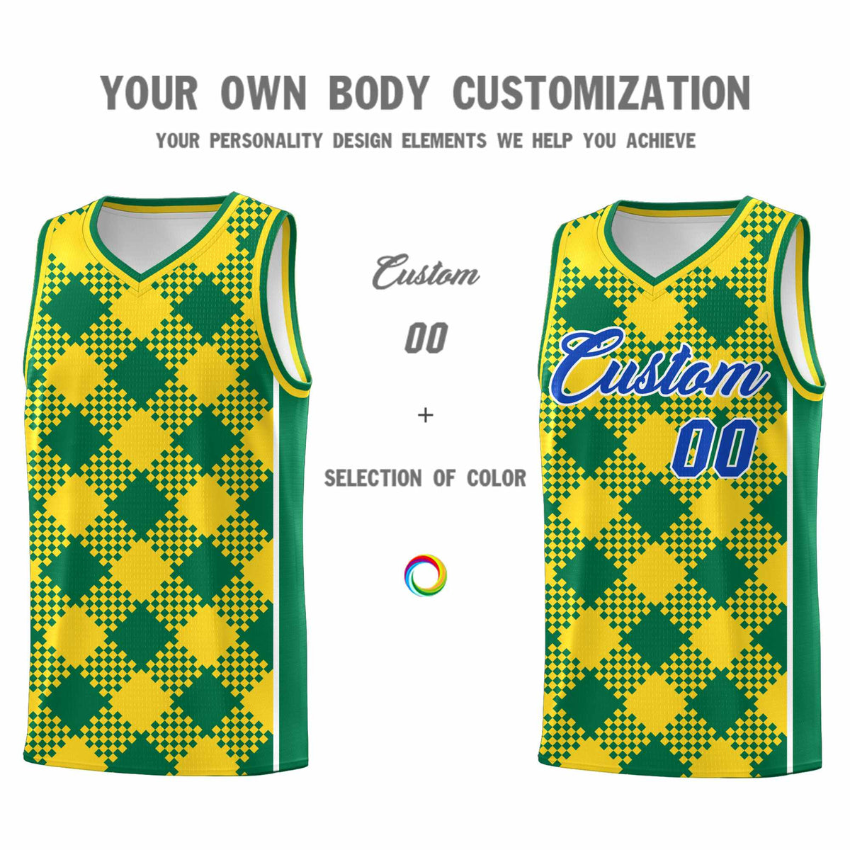 Personalized Gold Kelly Green-White Grid Basketball Kits