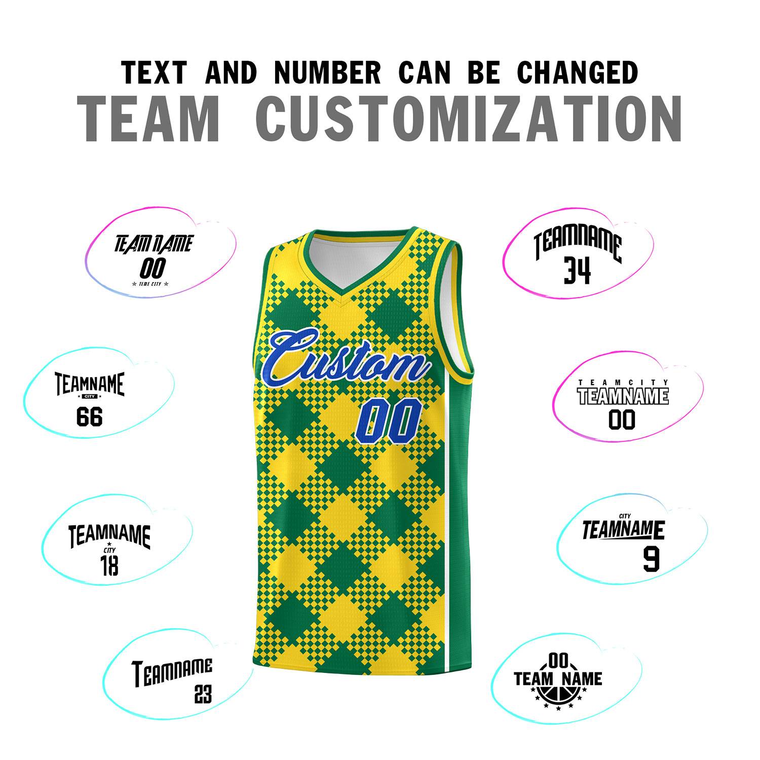 Personalized Gold Kelly Green-White Grid Basketball Kits