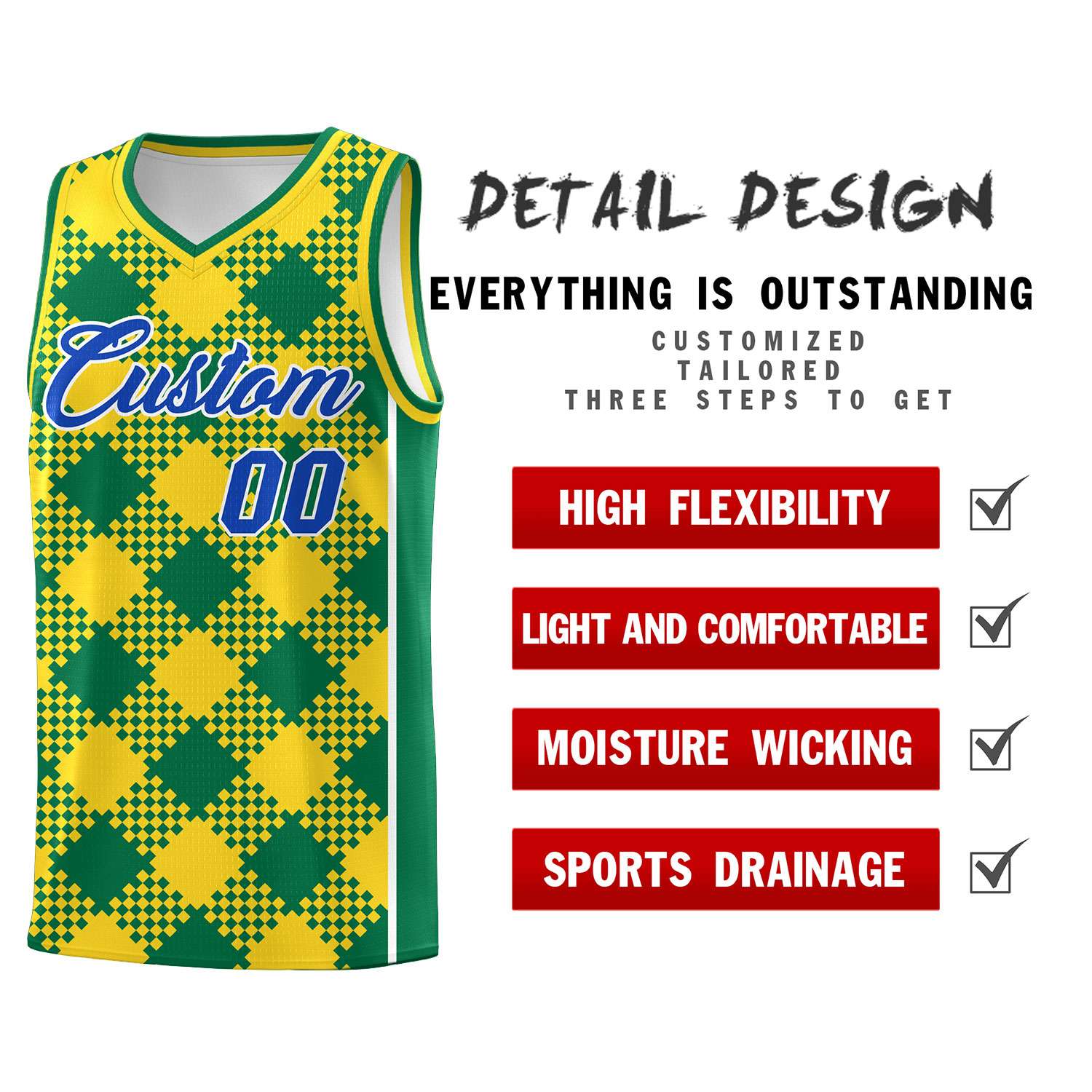 Personalized Gold Kelly Green-White Grid Basketball Kits