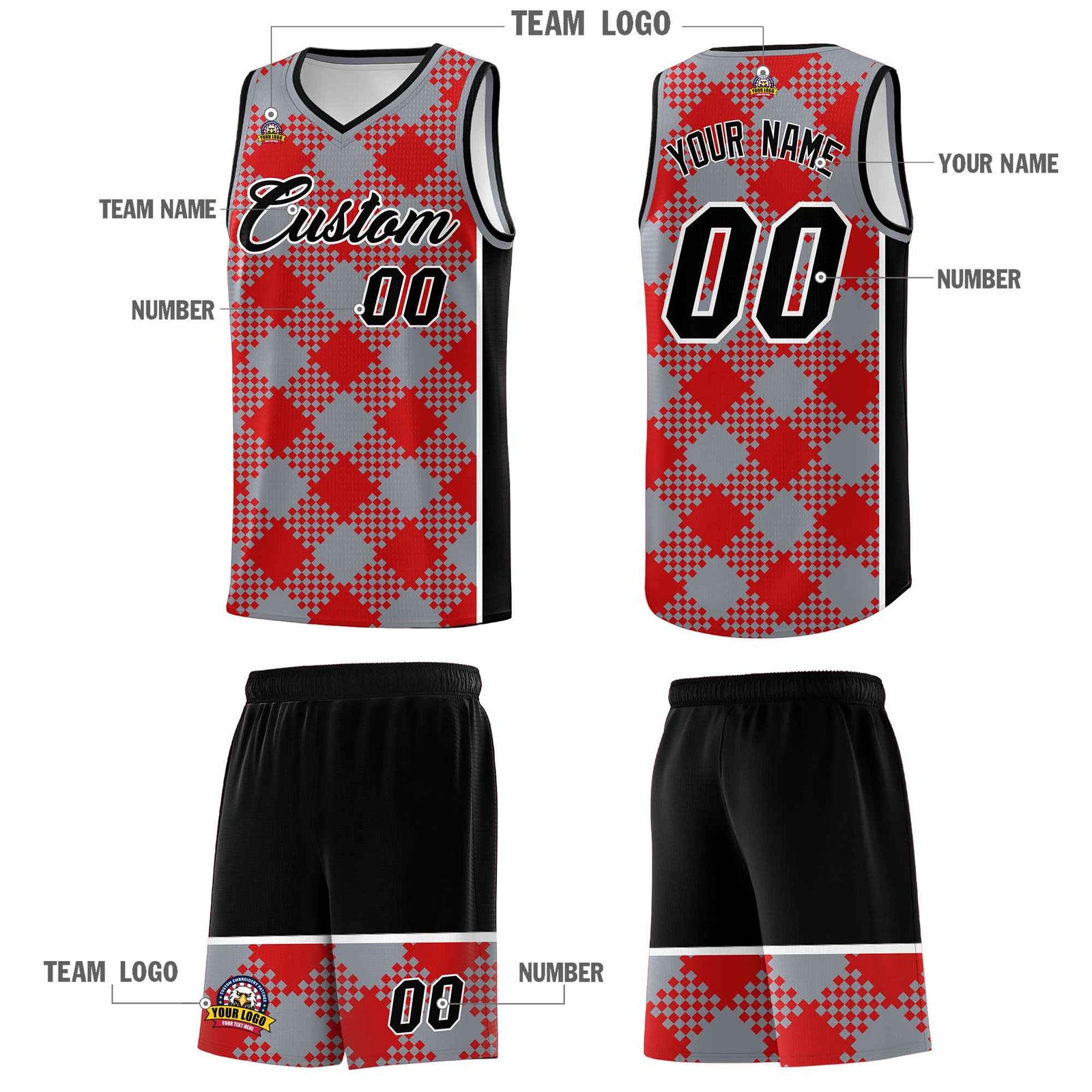 Personalized Gray Red-White Grid Basketball Kits