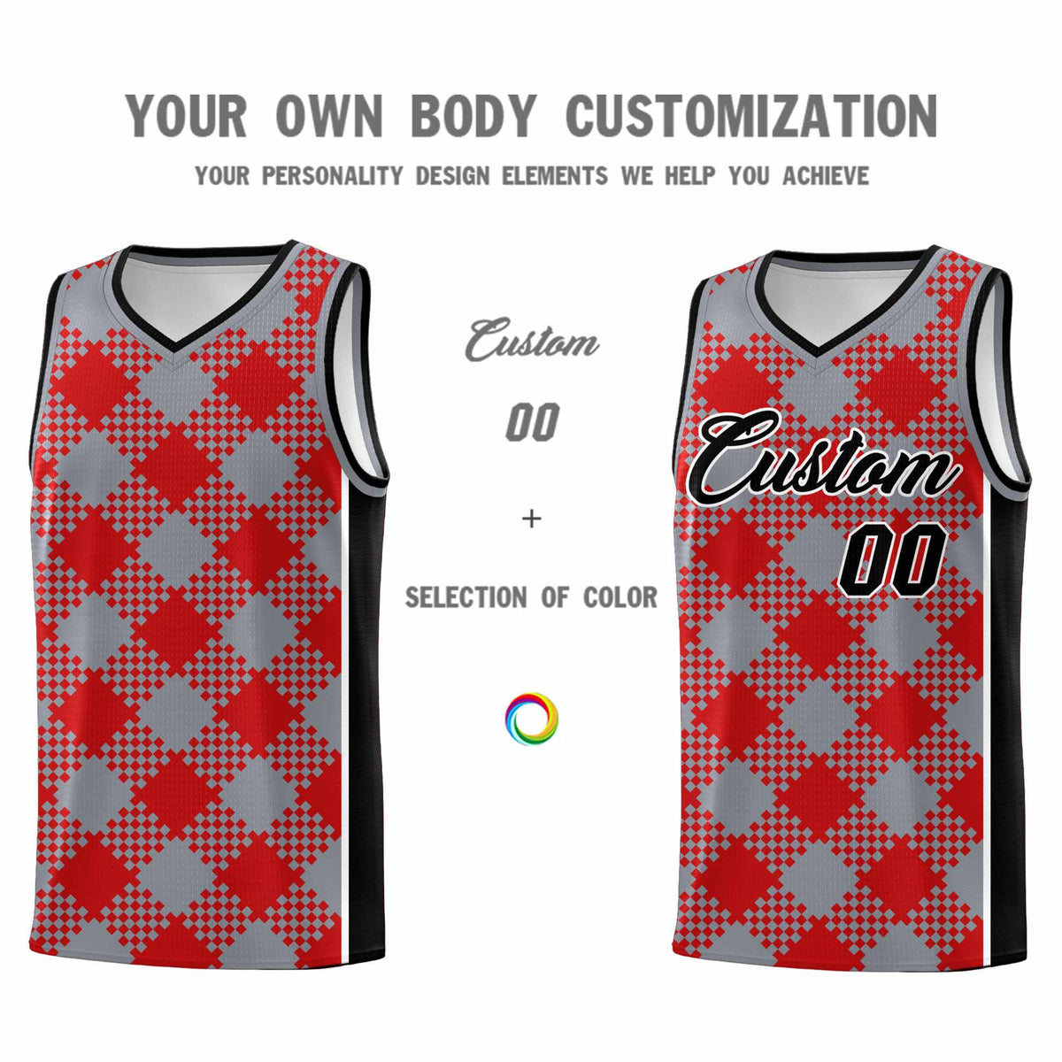 Personalized Gray Red-White Grid Basketball Kits