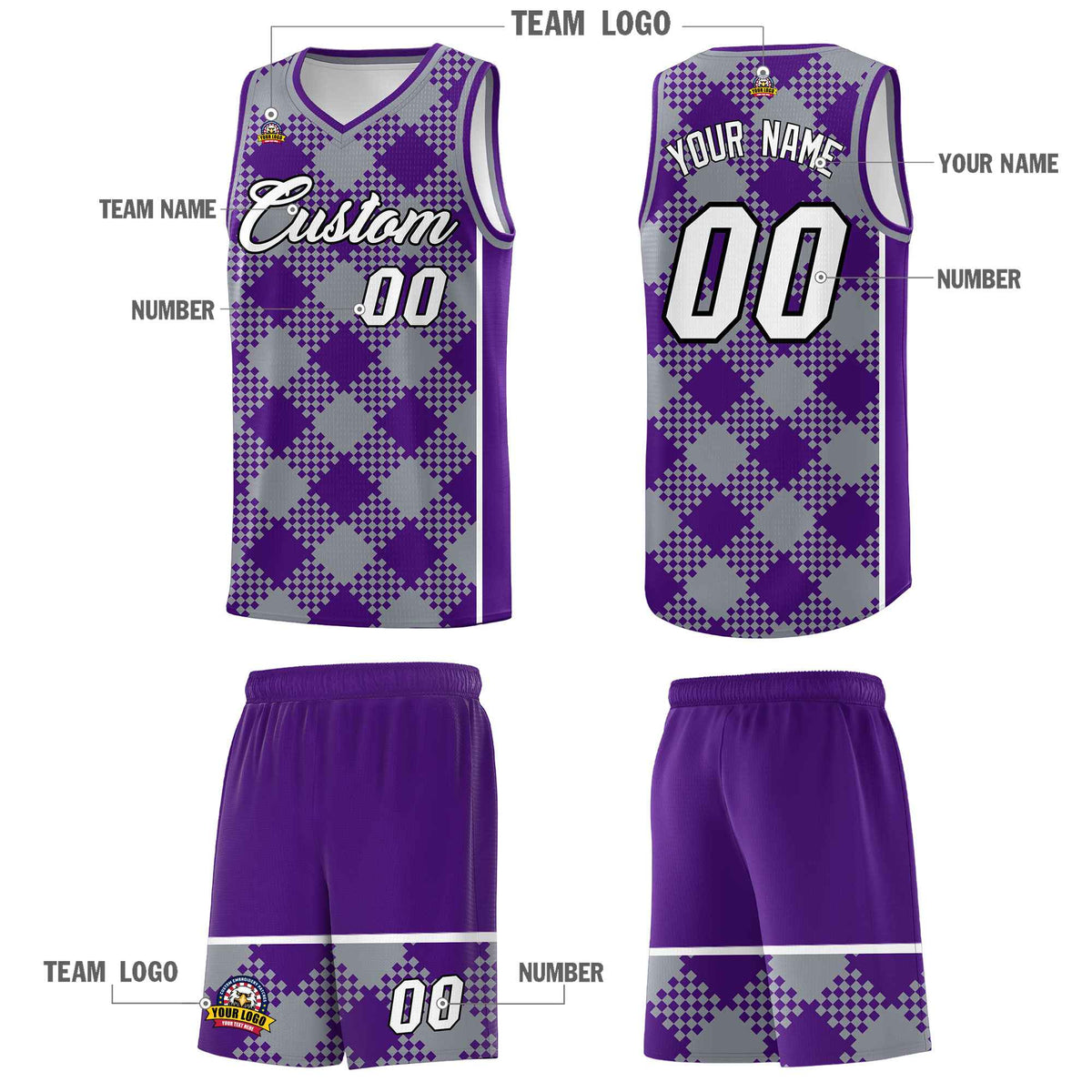 Personalized Gray Purple-White Grid Basketball Kits