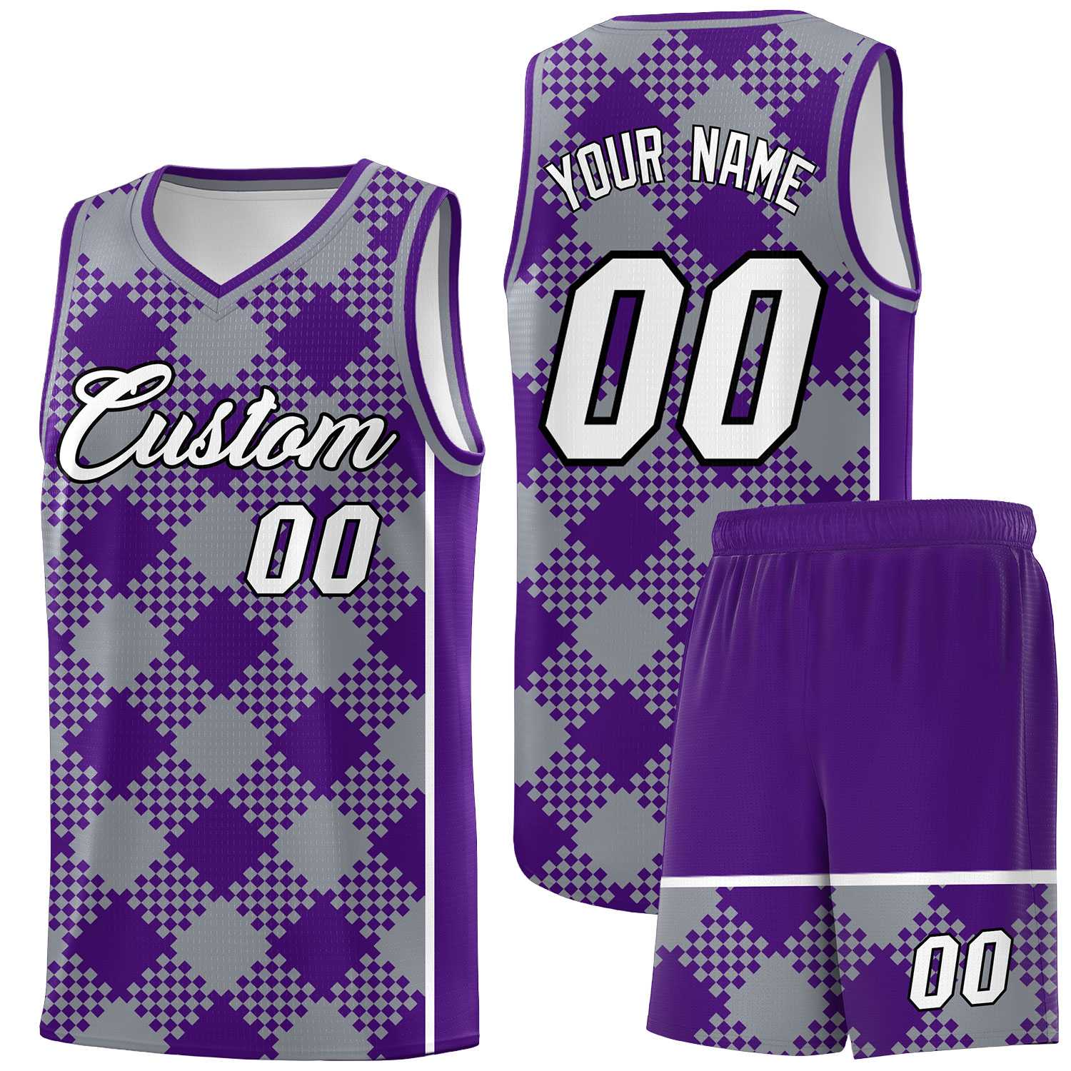 Personalized Gray Purple-White Grid Basketball Kits
