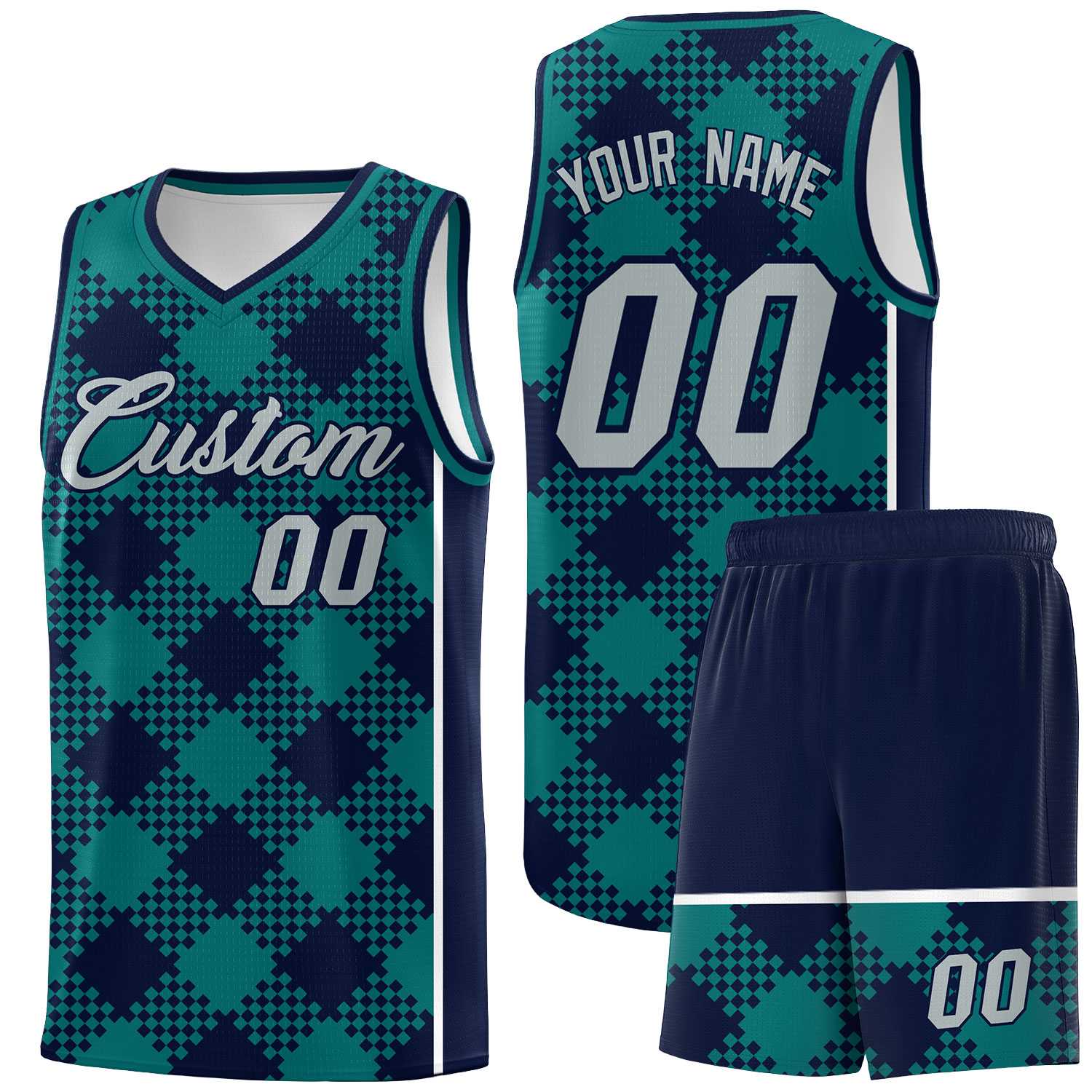 Personalized Teal Navy-White Grid Basketball Kits