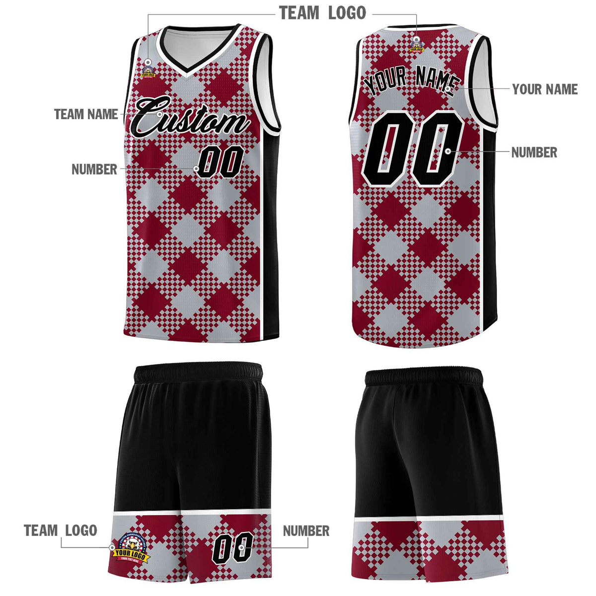 Personalized Gray Crimson-White Grid Basketball Kits
